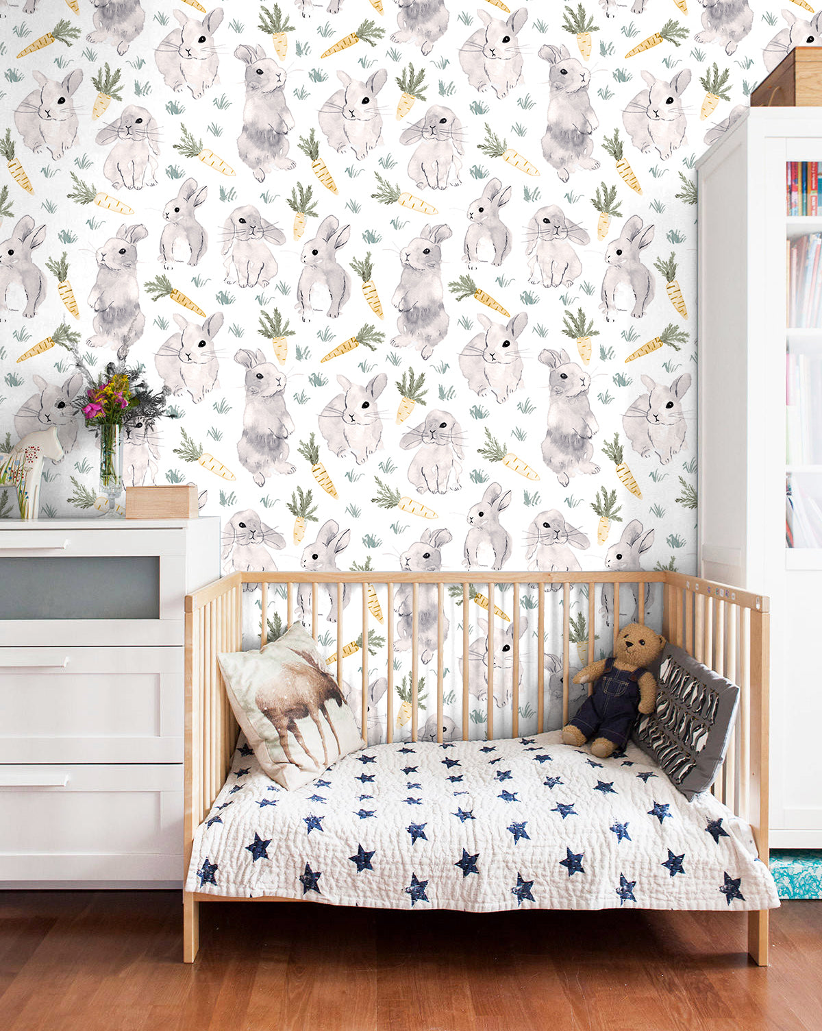 HaokHome 99037-3 Cute Bunny and Carrot Wallpaper - Playful Animal Wallpaper for Kids’ Rooms and Nurseries