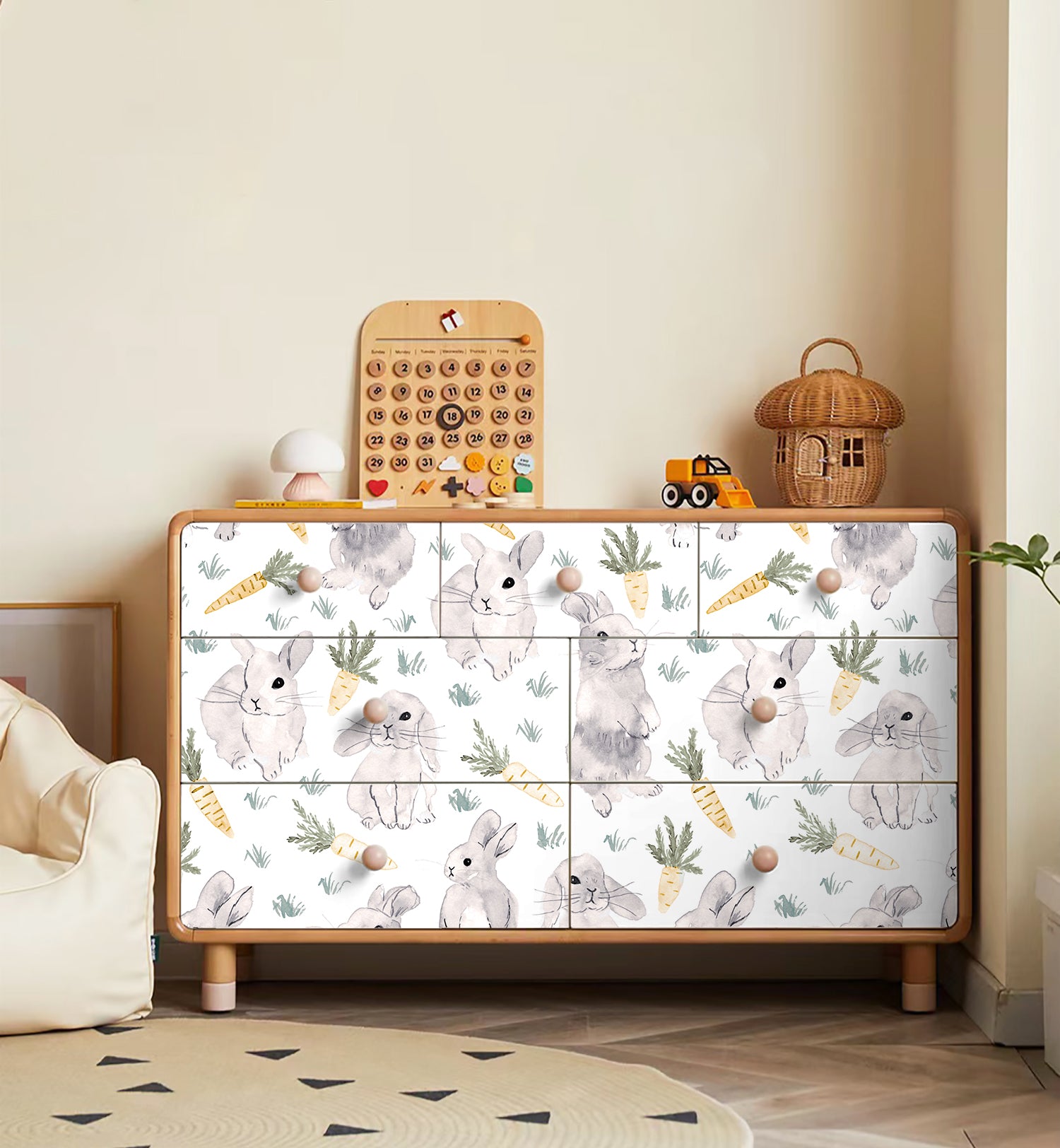 HaokHome 99037-3 Cute Bunny and Carrot Wallpaper - Playful Animal Wallpaper for Kids’ Rooms and Nurseries