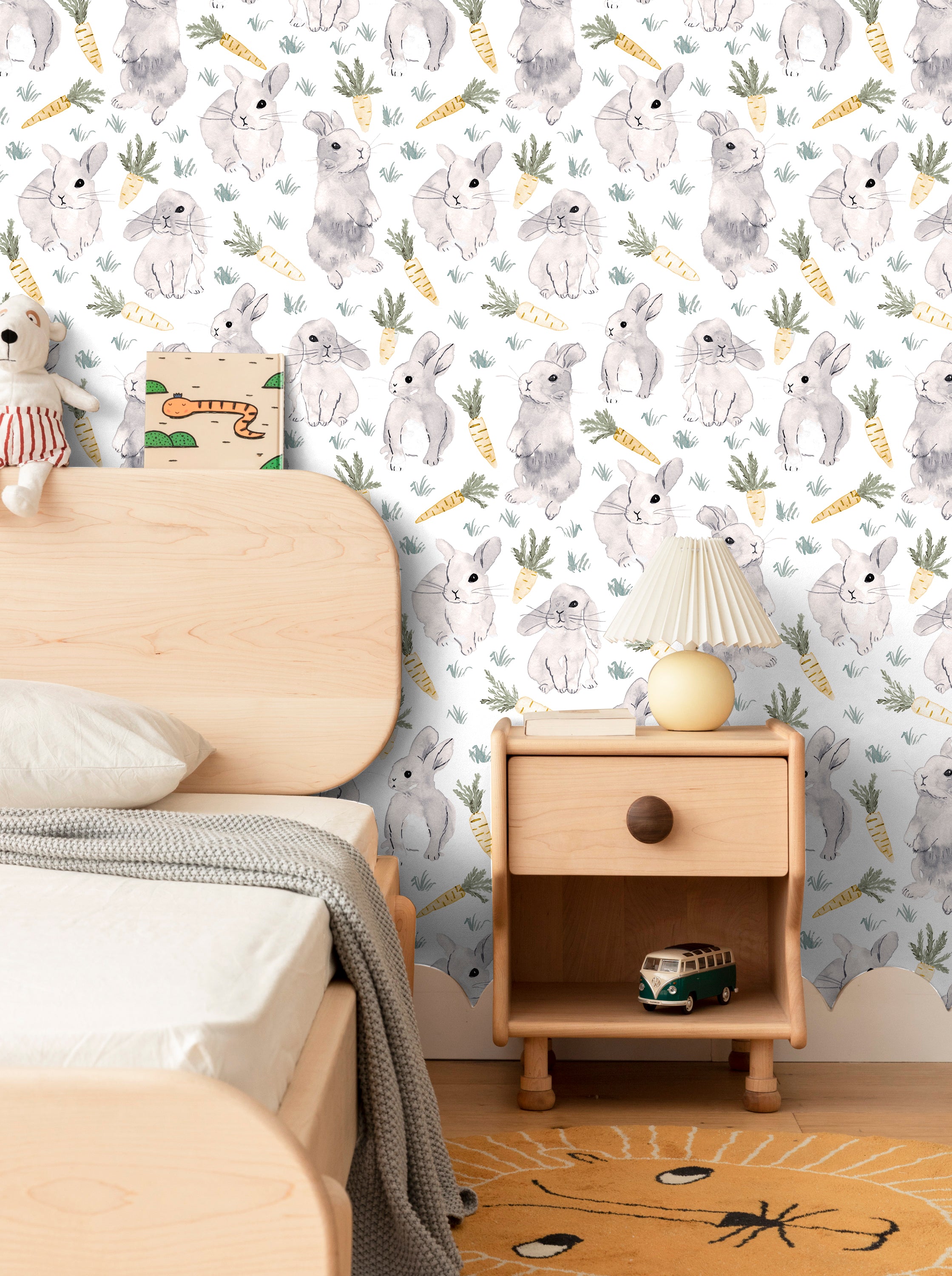 HaokHome 99037-3 Cute Bunny and Carrot Wallpaper - Playful Animal Wallpaper for Kids’ Rooms and Nurseries