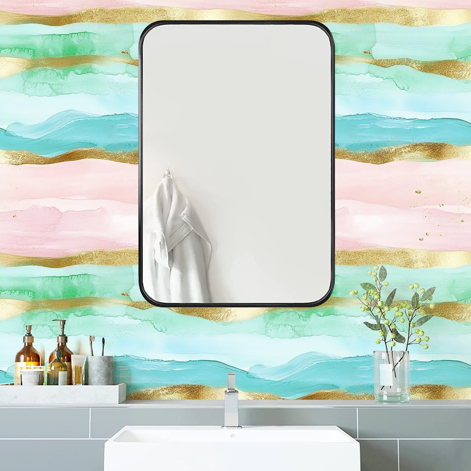 HaokHome Abstract Pastel Watercolor Stripes Wallpaper with Gold Accents