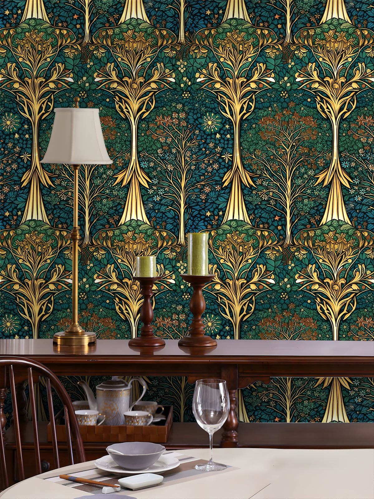 HaokHome Art Nouveau Botanical Wallpaper – Elegant Golden Floral Design on Dark Teal Background