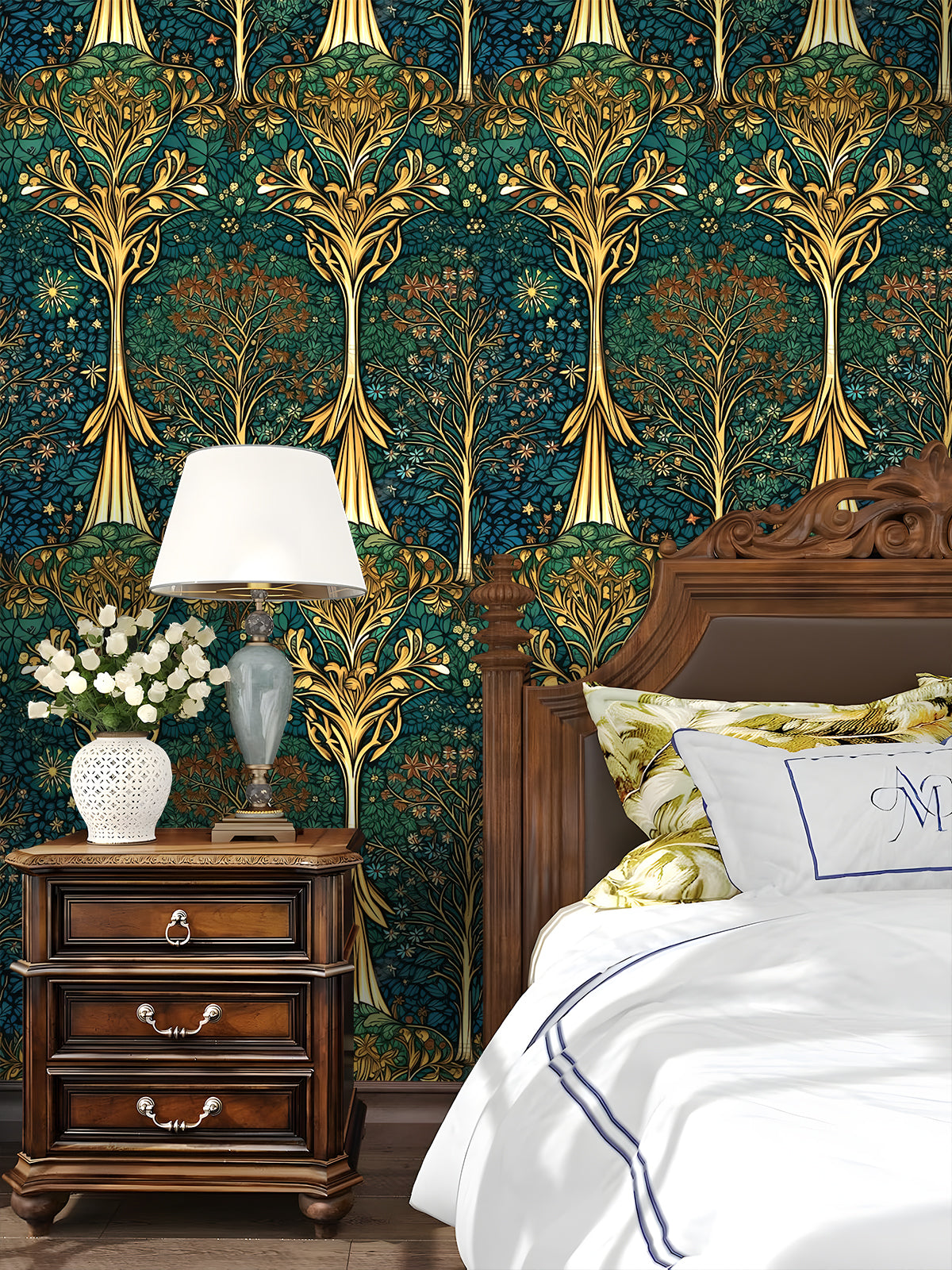 HaokHome Art Nouveau Botanical Wallpaper – Elegant Golden Floral Design on Dark Teal Background
