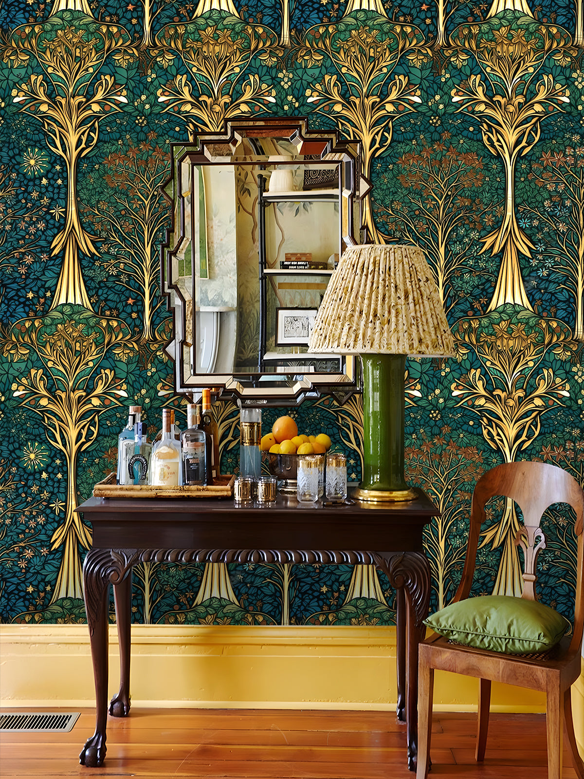 HaokHome Art Nouveau Botanical Wallpaper – Elegant Golden Floral Design on Dark Teal Background