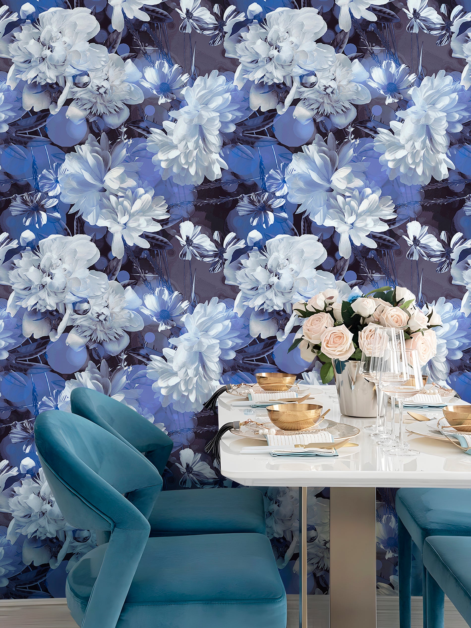 HaokHome Blue White Peony Floral Peel and Stick Wallpaper – Elegant Removable Watercolor Flower Wall Mural for Bedroom Living Room