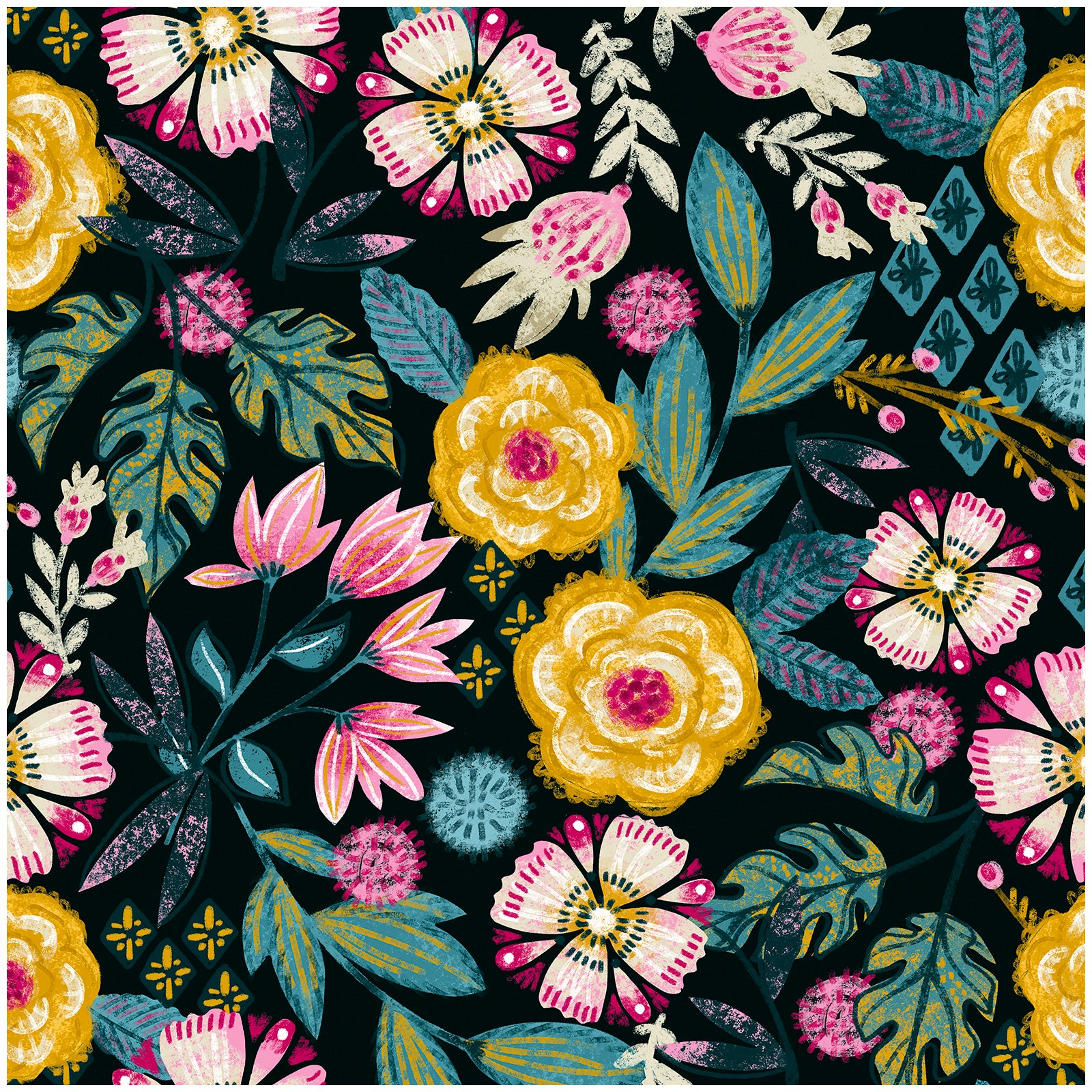 HaokHome Bohemian Floral Wallpaper Bold Pink, Yellow, and Blue Flowers on Dark Green Background