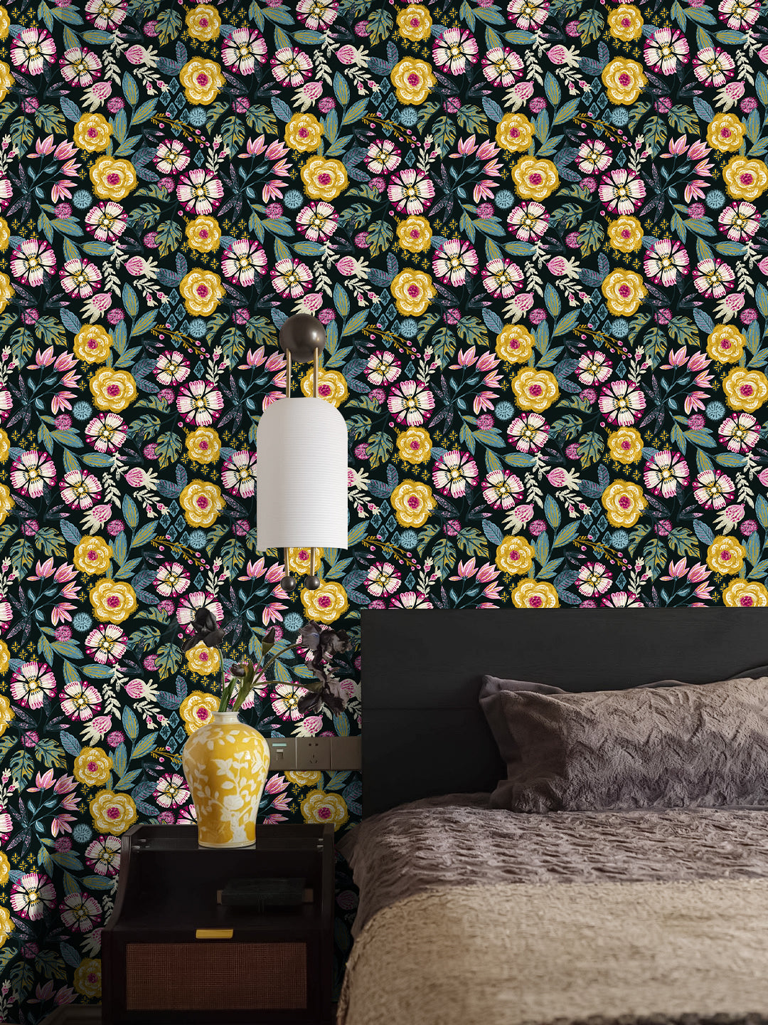 HaokHome Bohemian Floral Wallpaper Bold Pink, Yellow, and Blue Flowers on Dark Green Background