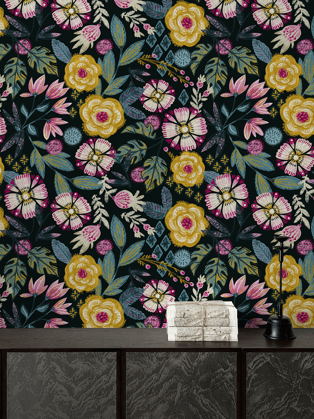 HaokHome Bohemian Floral Wallpaper Bold Pink, Yellow, and Blue Flowers on Dark Green Background