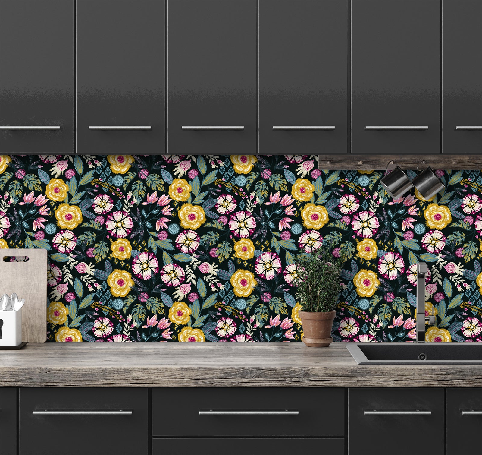 HaokHome Bohemian Floral Wallpaper Bold Pink, Yellow, and Blue Flowers on Dark Green Background