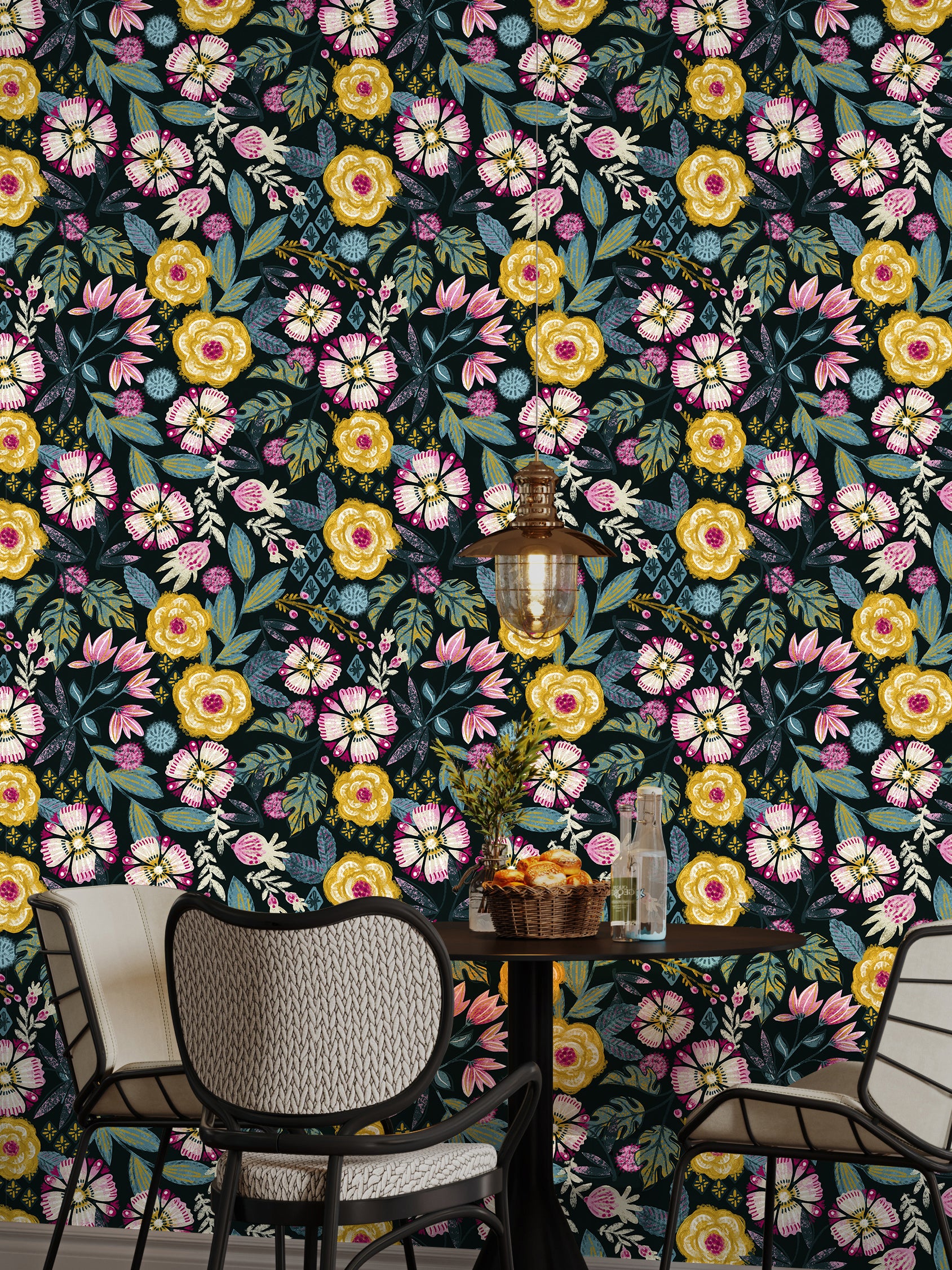 HaokHome Bohemian Floral Wallpaper Bold Pink, Yellow, and Blue Flowers on Dark Green Background