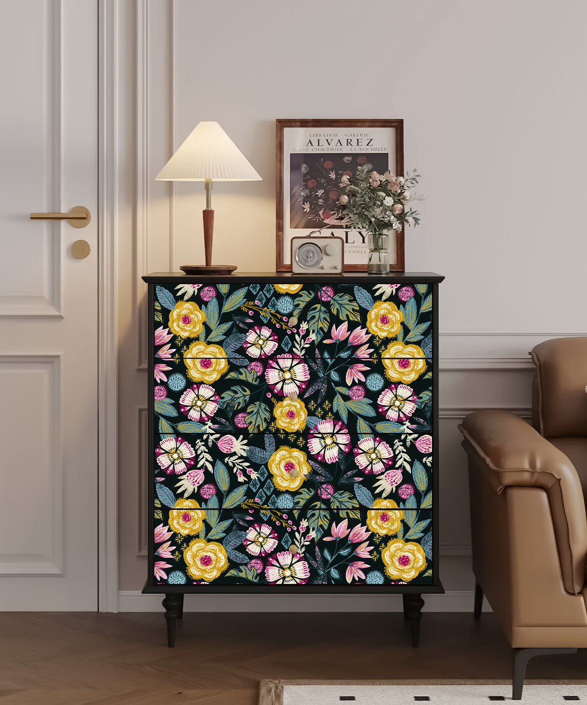 HaokHome Bohemian Floral Wallpaper Bold Pink, Yellow, and Blue Flowers on Dark Green Background