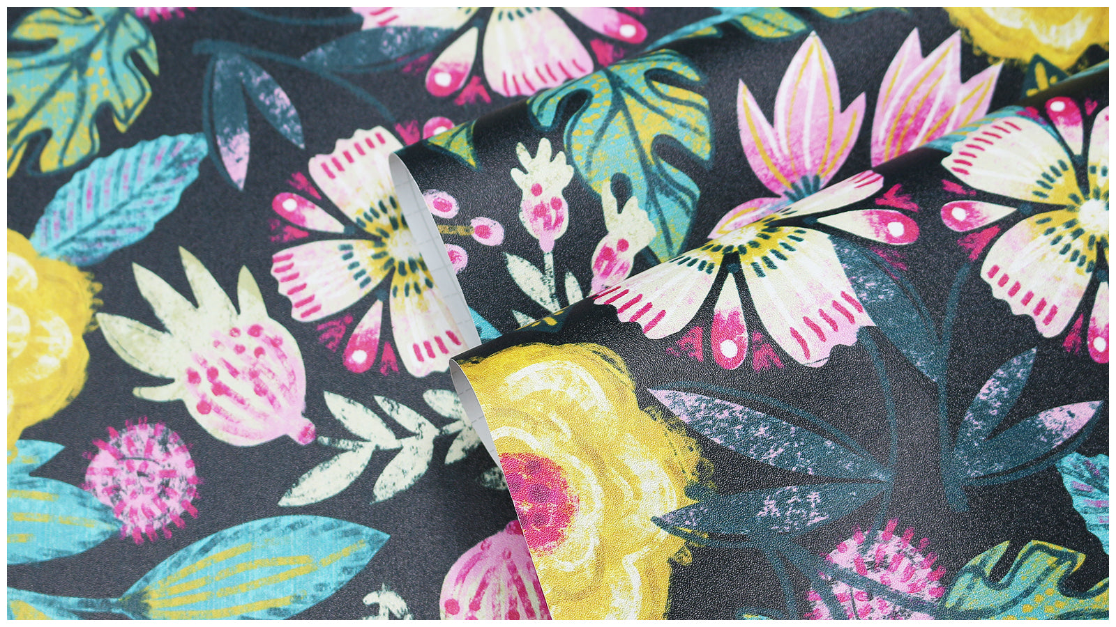 HaokHome Bohemian Floral Wallpaper Bold Pink, Yellow, and Blue Flowers on Dark Green Background