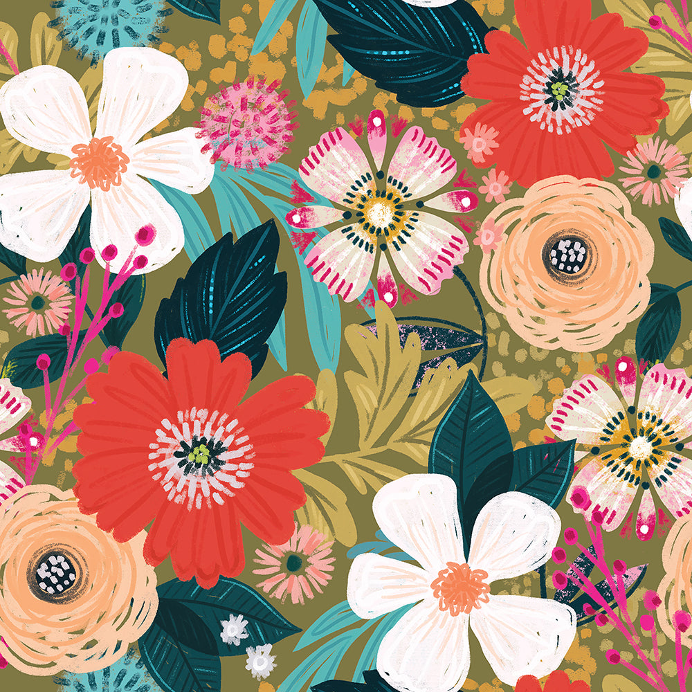 HaokHome Bohemian Floral Wallpaper Bold Red, Pink, and Orange Flowers on Olive Green Background