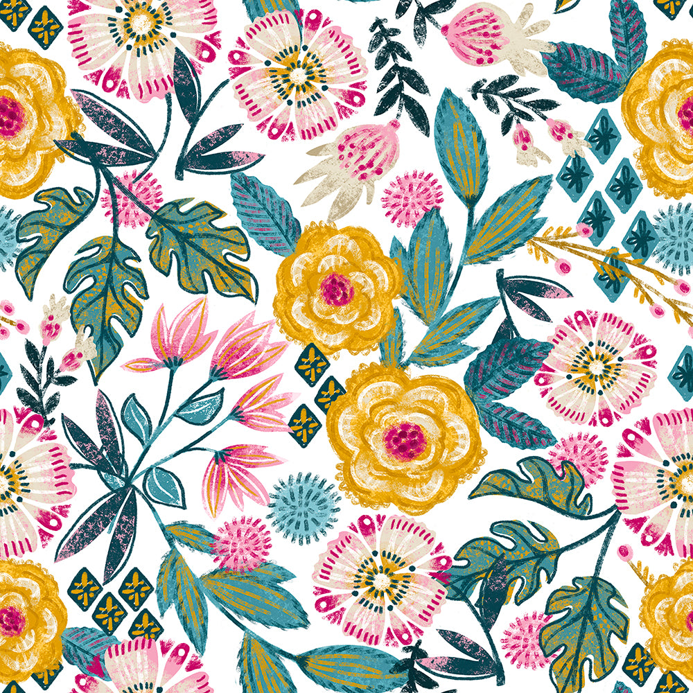 HaokHome Bohemian Floral Wallpaper Vibrant Flowers in Pink, Yellow, and Blue on White Background