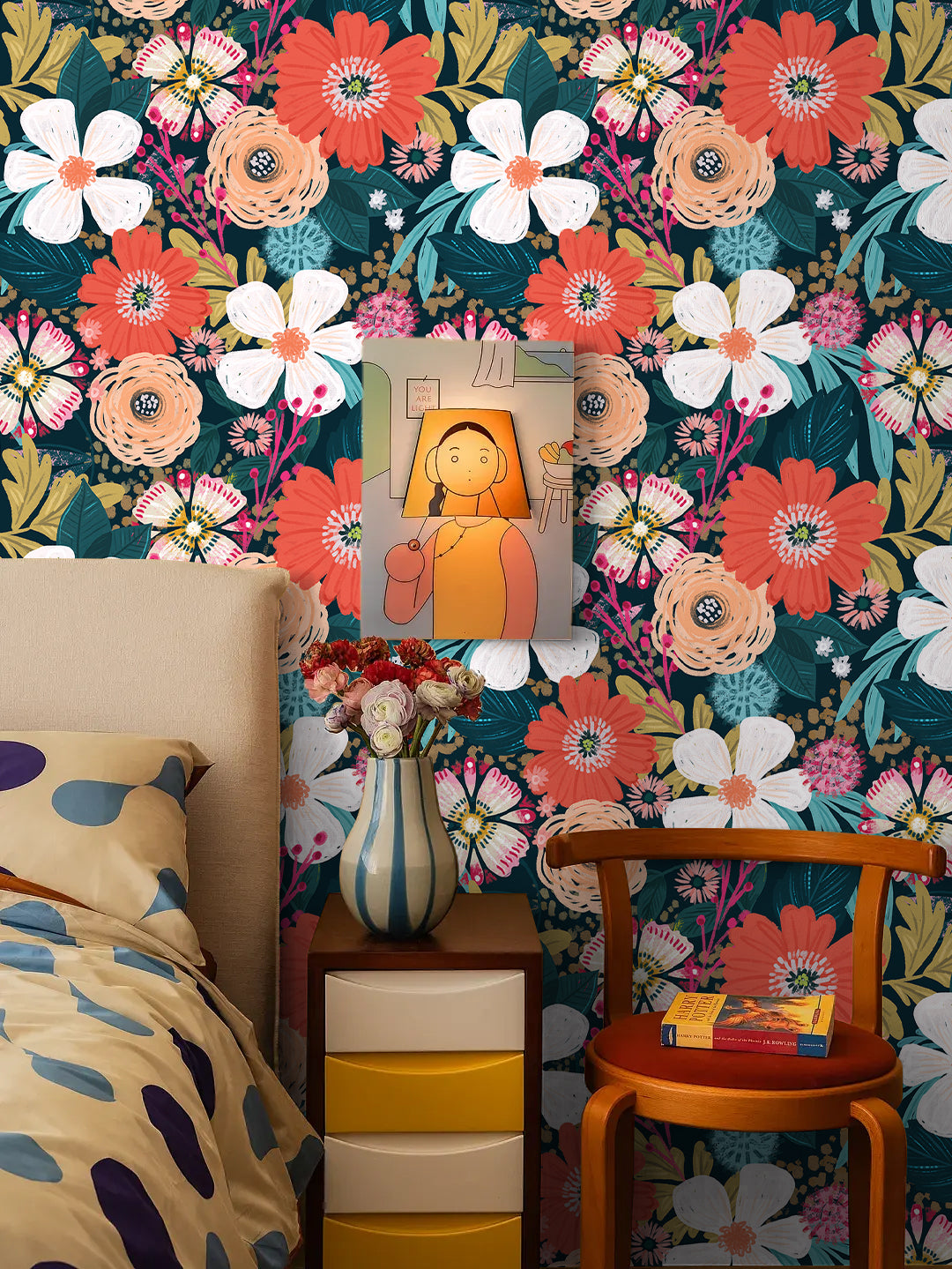 HaokHome Bohemian Floral Wallpaper Vibrant Red, Pink, and Yellow Flowers on Dark Green Background