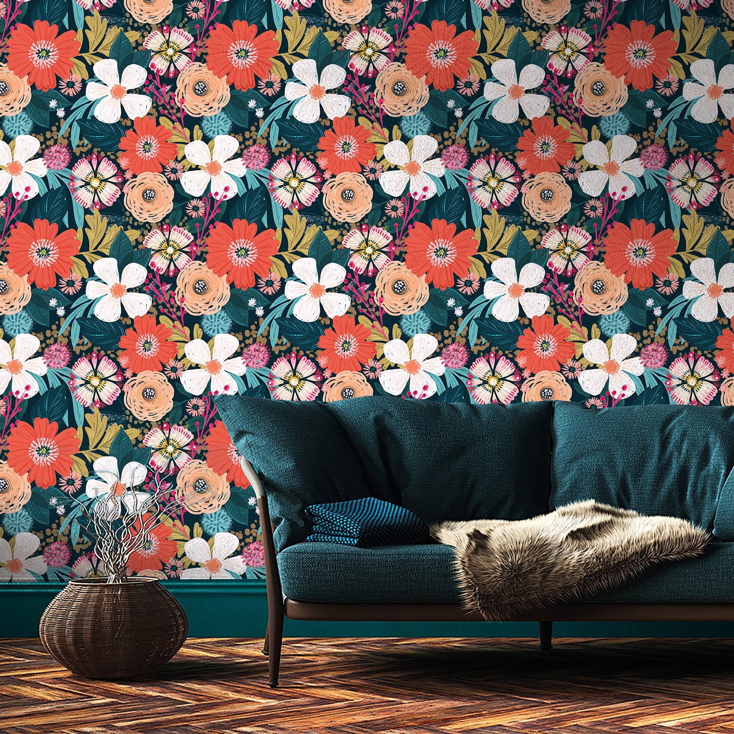 HaokHome Bohemian Floral Wallpaper Vibrant Red, Pink, and Yellow Flowers on Dark Green Background