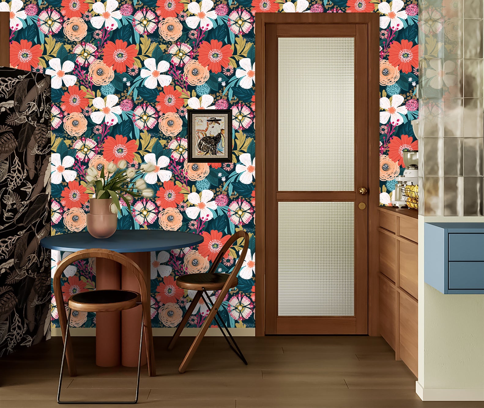 HaokHome Bohemian Floral Wallpaper Vibrant Red, Pink, and Yellow Flowers on Dark Green Background