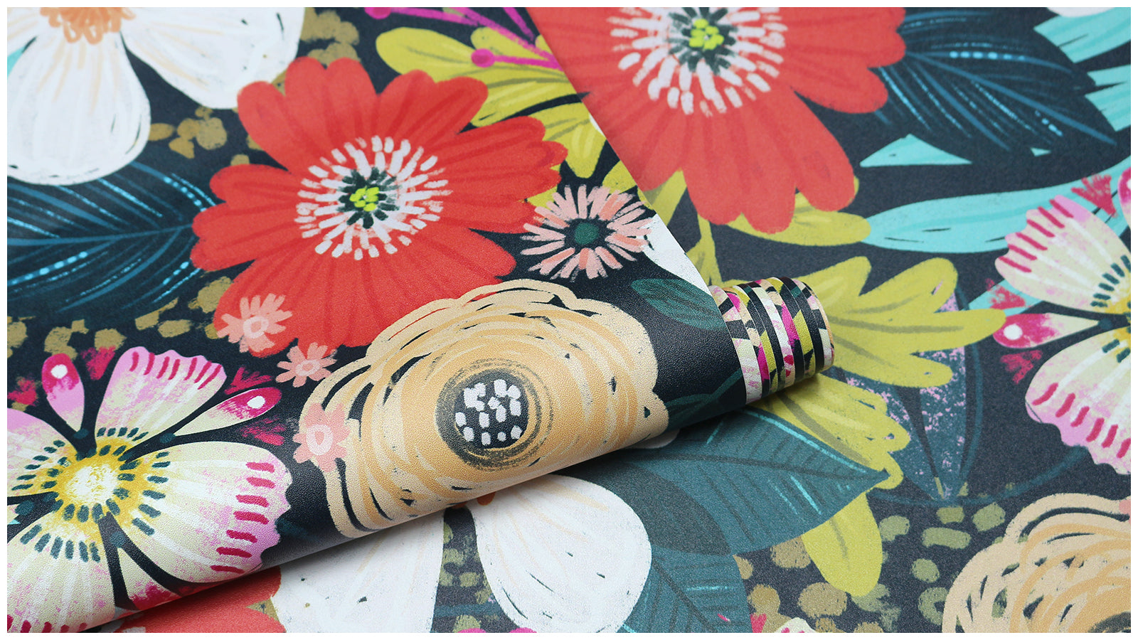 HaokHome Bohemian Floral Wallpaper Vibrant Red, Pink, and Yellow Flowers on Dark Green Background