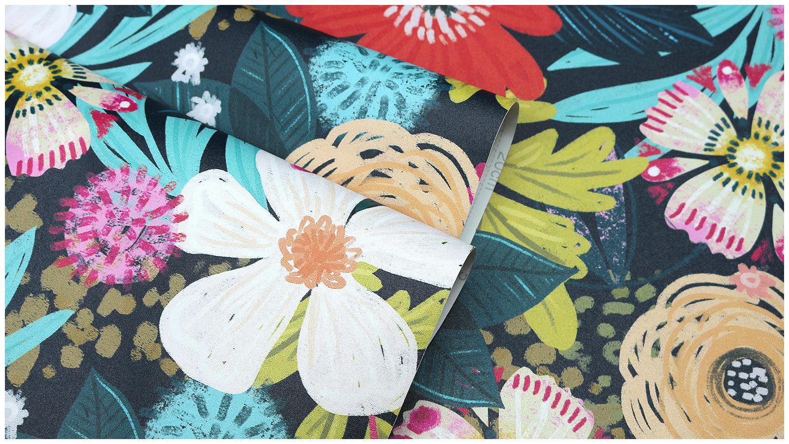 HaokHome Bohemian Floral Wallpaper Vibrant Red, Pink, and Yellow Flowers on Dark Green Background