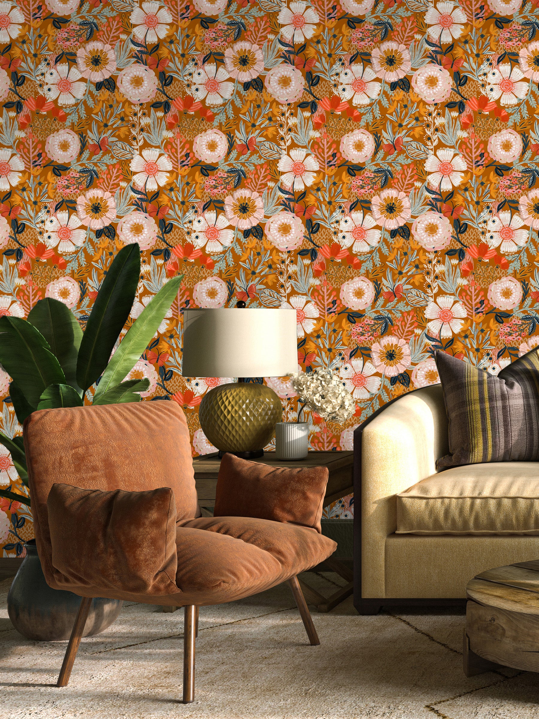 HaokHome Boho Peel and Stick Wallpaper Floral Wall Paper Removable for Bedroom Orange/Pink/Orange Contact Paper