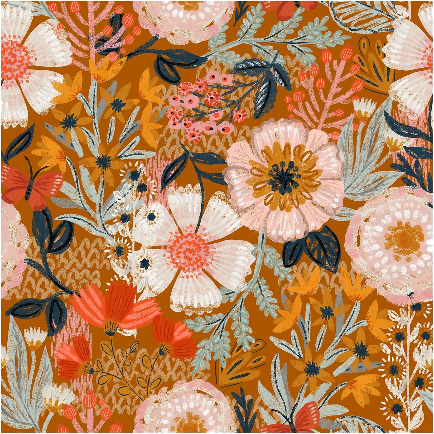 HaokHome Boho Peel and Stick Wallpaper Floral Wall Paper Removable for Bedroom Orange/Pink/Orange Contact Paper
