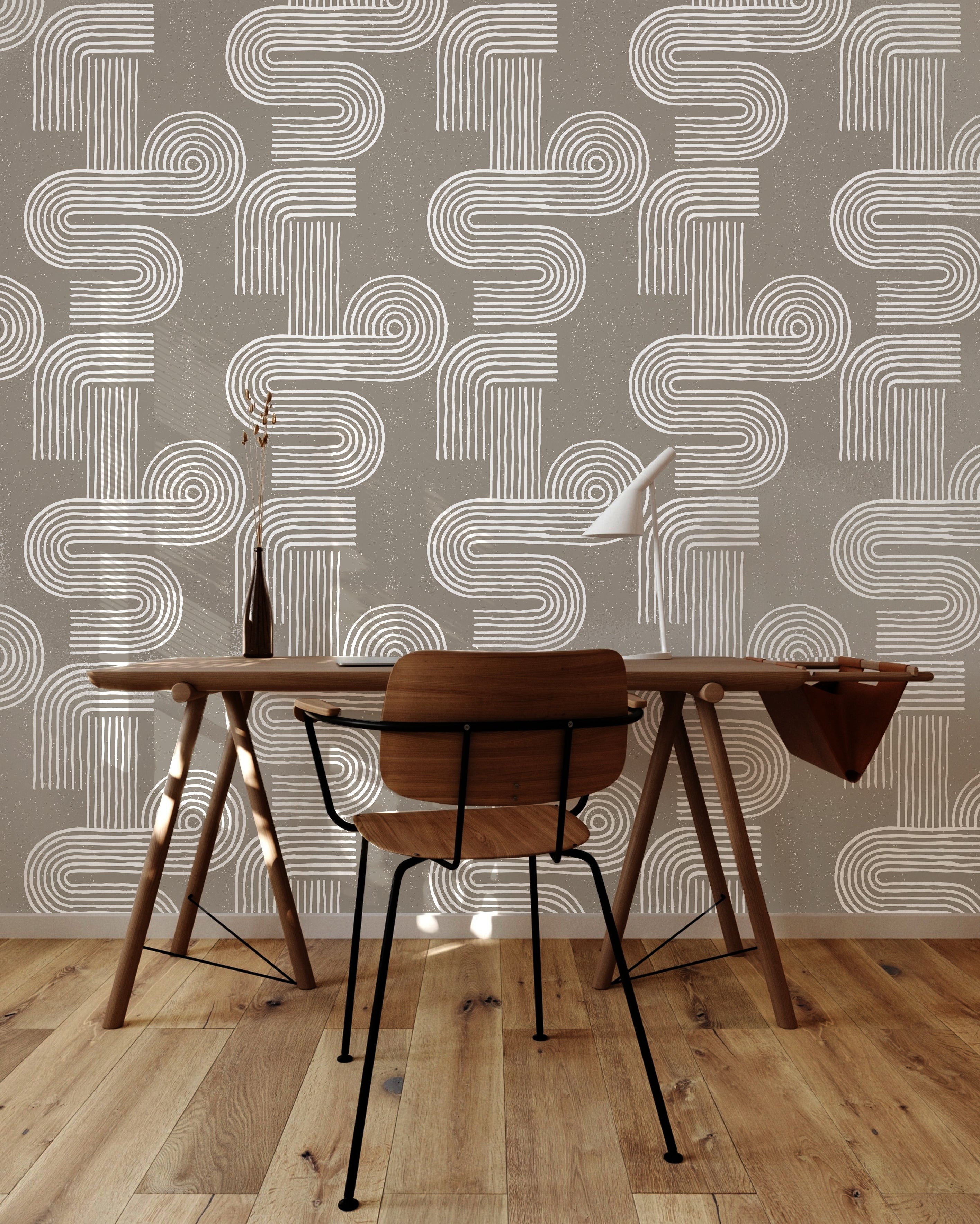 HaokHome Boho Peel and Stick Wallpaper Geometric Swirl Swell Removable Lt.Brown/White Stick on Contact Paper