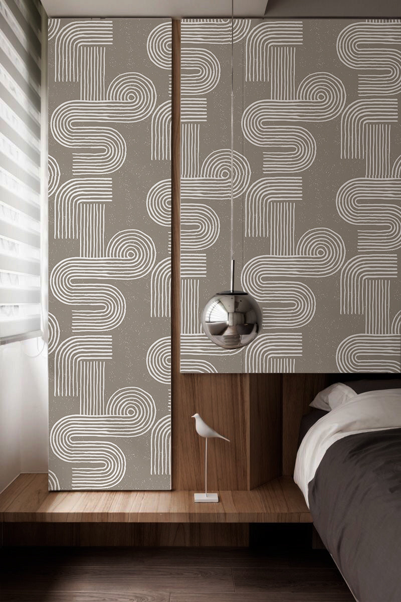 HaokHome Boho Peel and Stick Wallpaper Geometric Swirl Swell Removable Lt.Brown/White Stick on Contact Paper