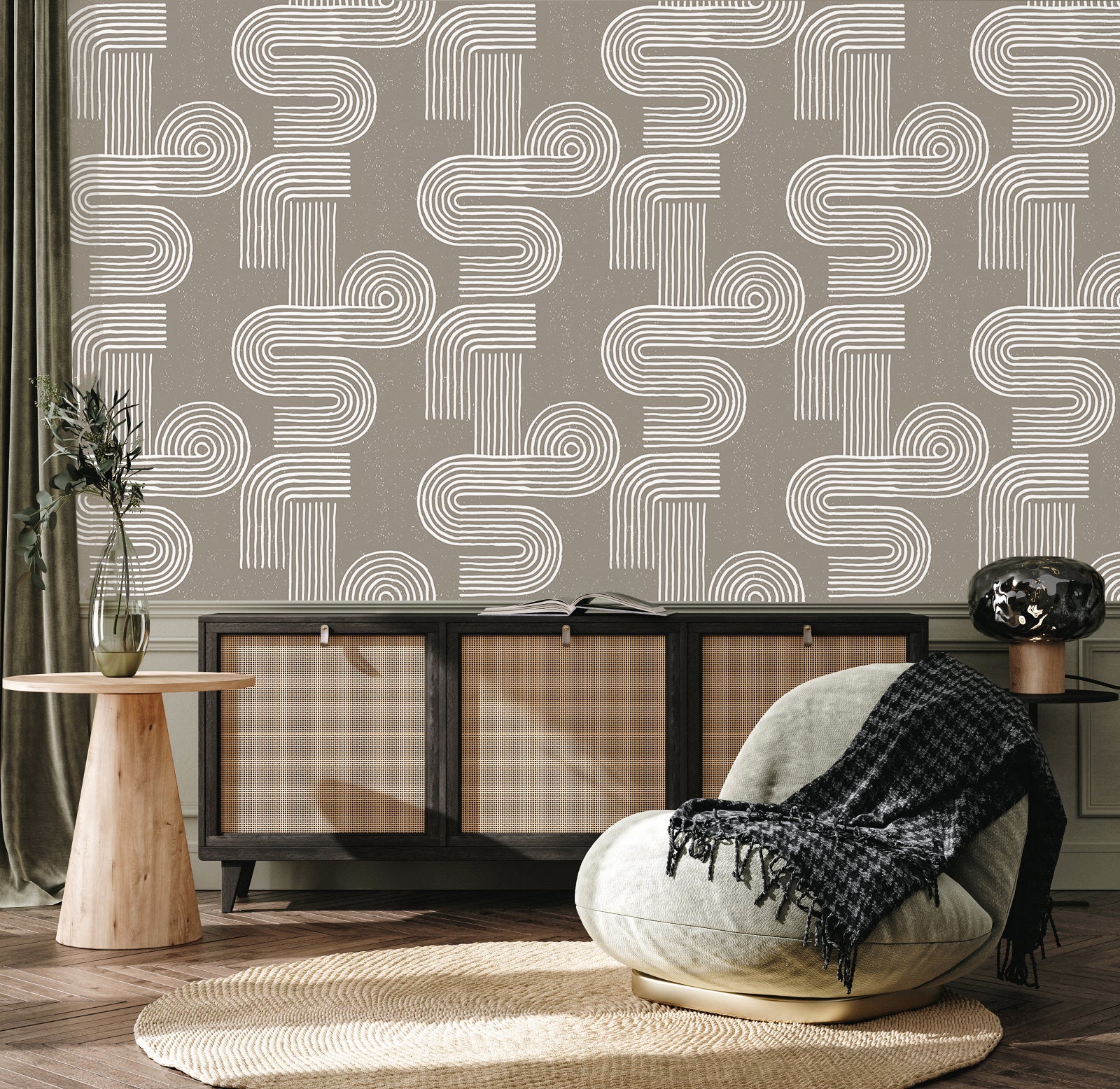 HaokHome Boho Peel and Stick Wallpaper Geometric Swirl Swell Removable Lt.Brown/White Stick on Contact Paper