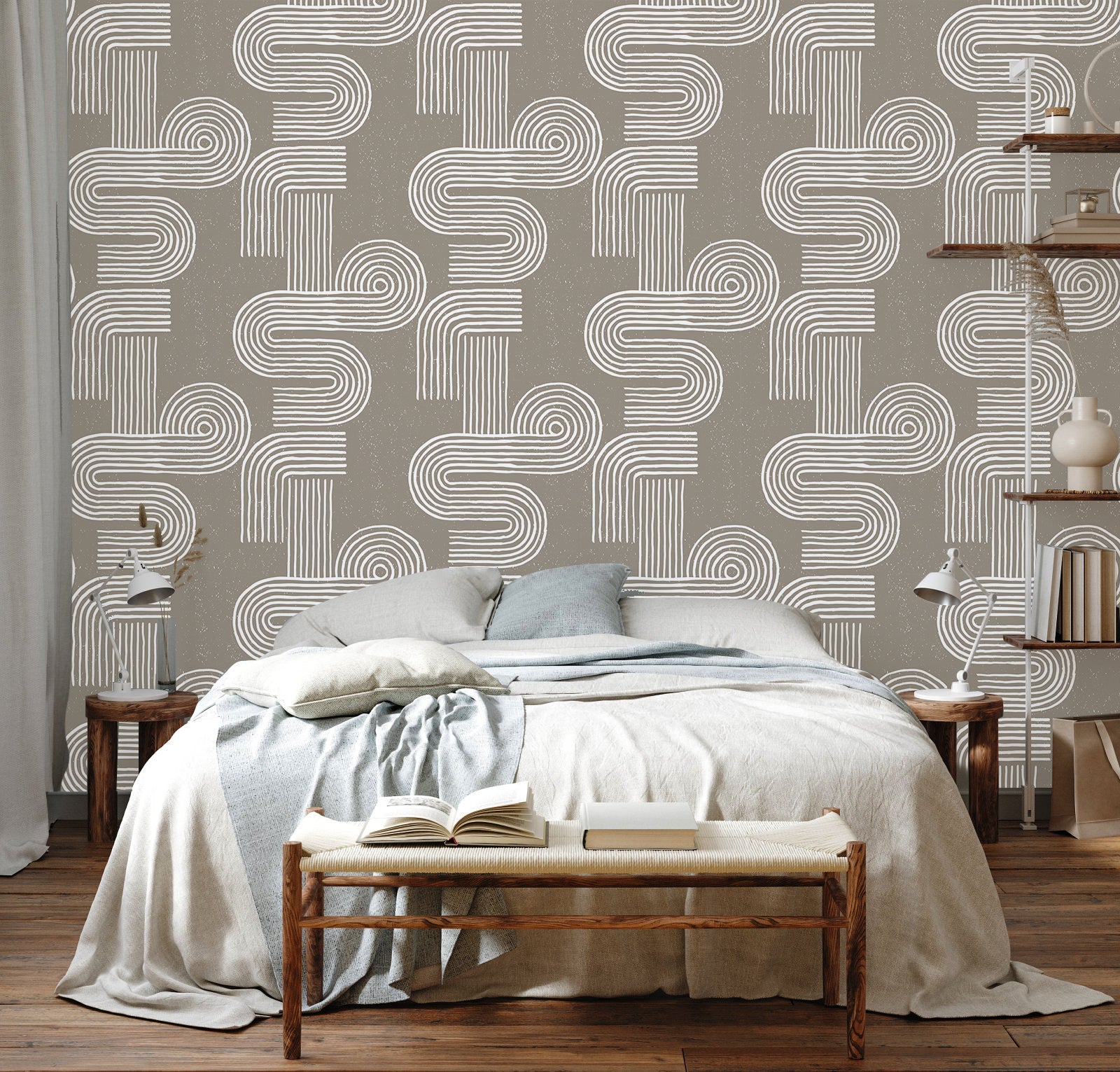 HaokHome Boho Peel and Stick Wallpaper Geometric Swirl Swell Removable Lt.Brown/White Stick on Contact Paper