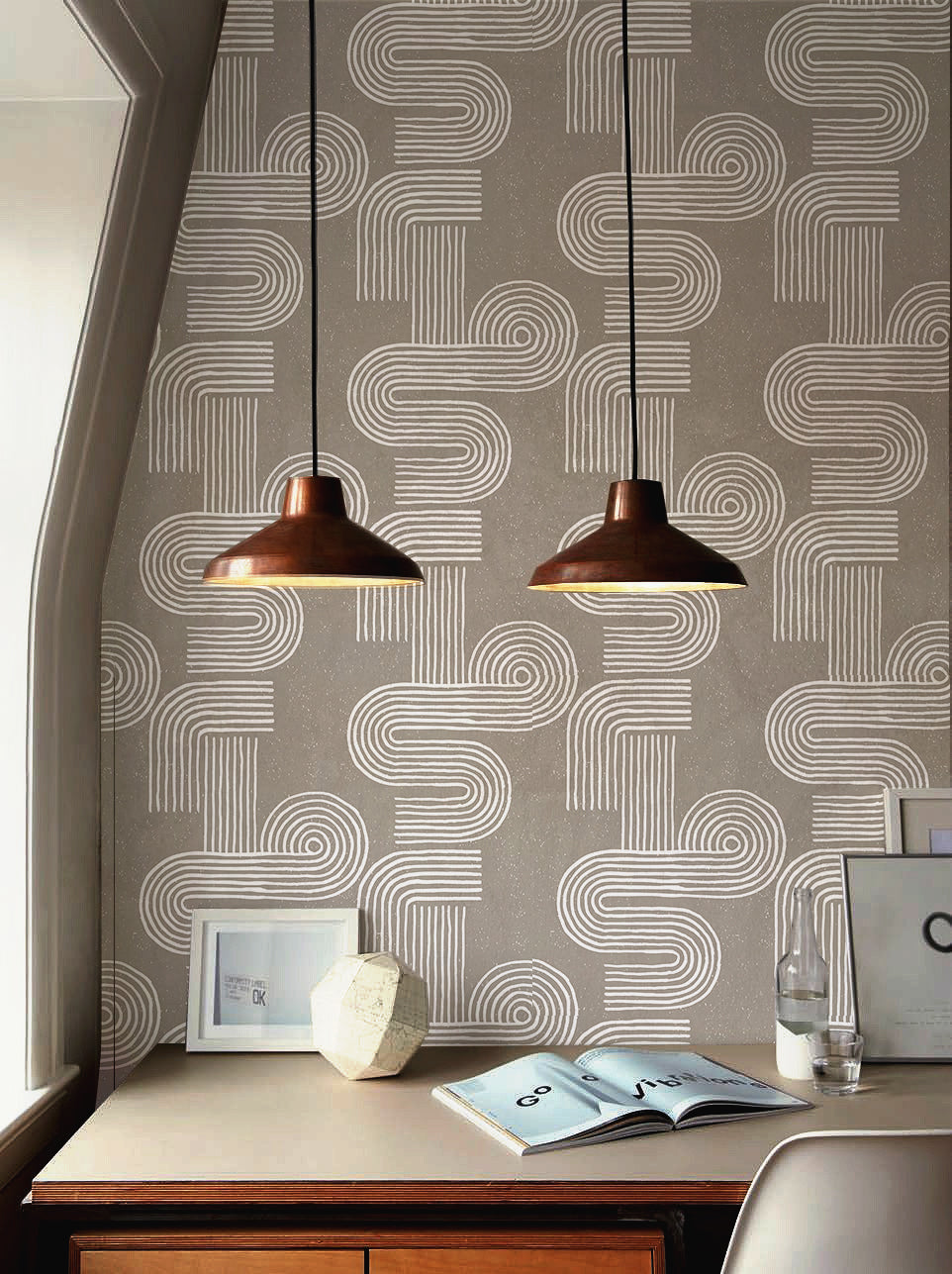 HaokHome Boho Peel and Stick Wallpaper Geometric Swirl Swell Removable Lt.Brown/White Stick on Contact Paper