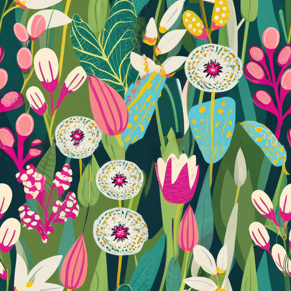 HaokHome Bold Abstract Floral Wallpaper Bright, Playful Flowers in Pink, Blue, and Green on Dark Background