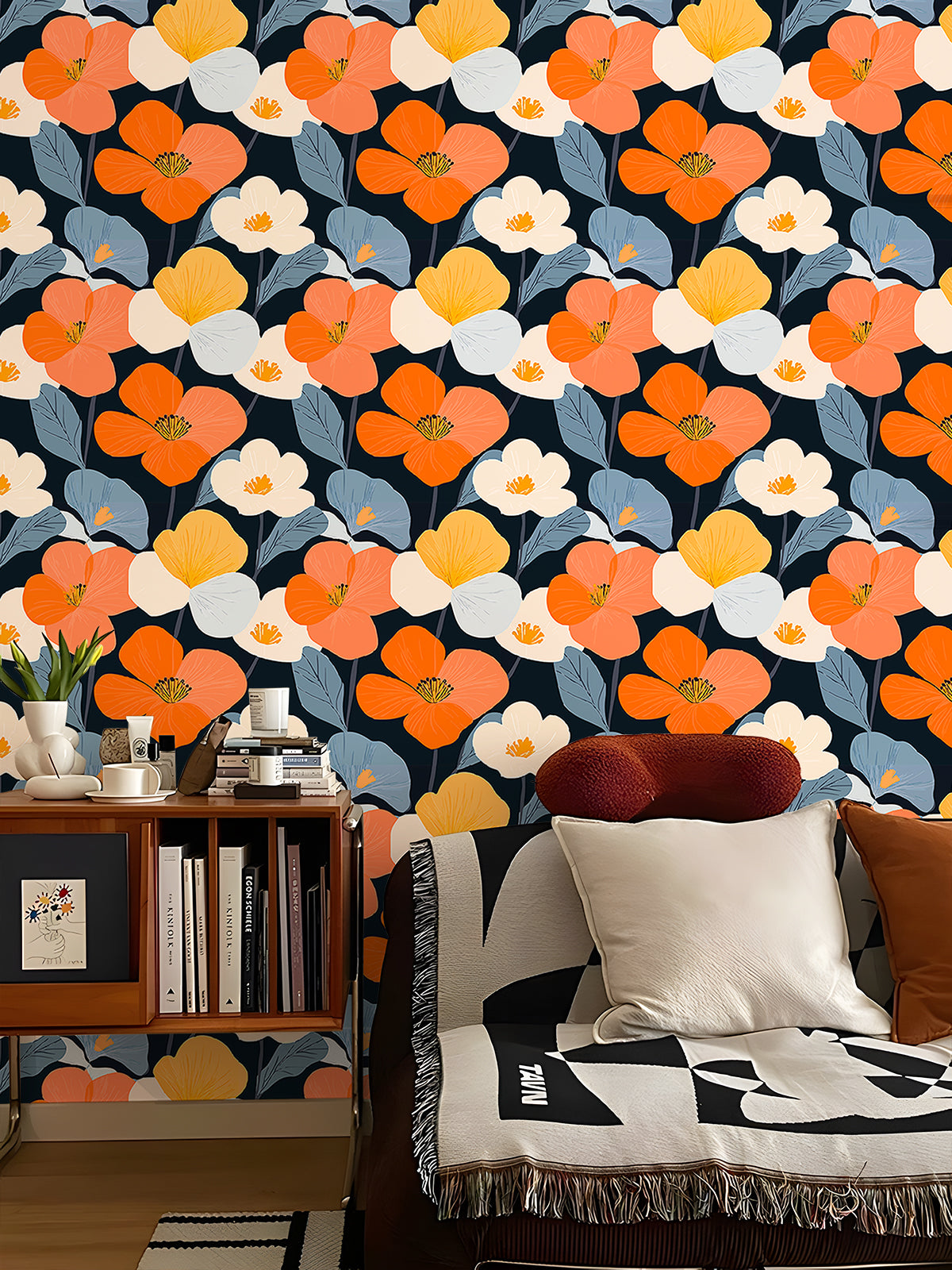 HaokHome Bold Floral Wallpaper Vibrant Orange and Yellow Flowers on Dark Background