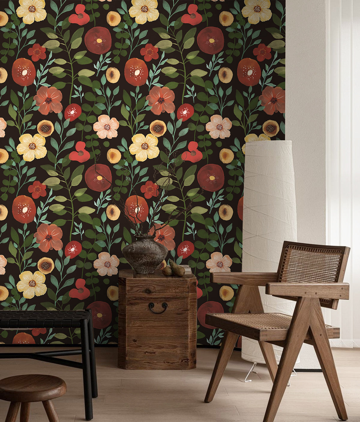 HaokHome Bold Floral Wallpaper with Black Background Vibrant Nature-Inspired Home Accent
