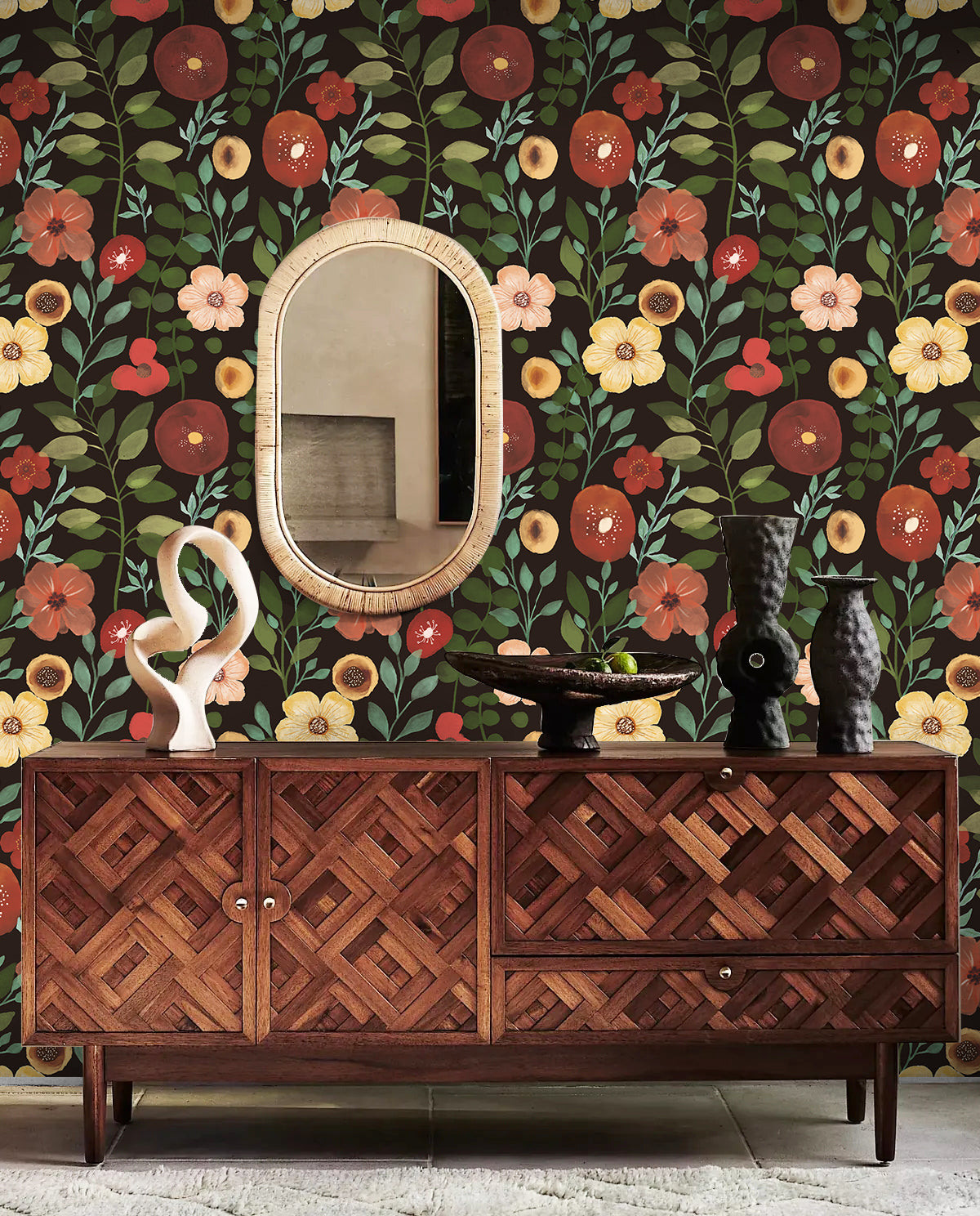 HaokHome Bold Floral Wallpaper with Black Background Vibrant Nature-Inspired Home Accent