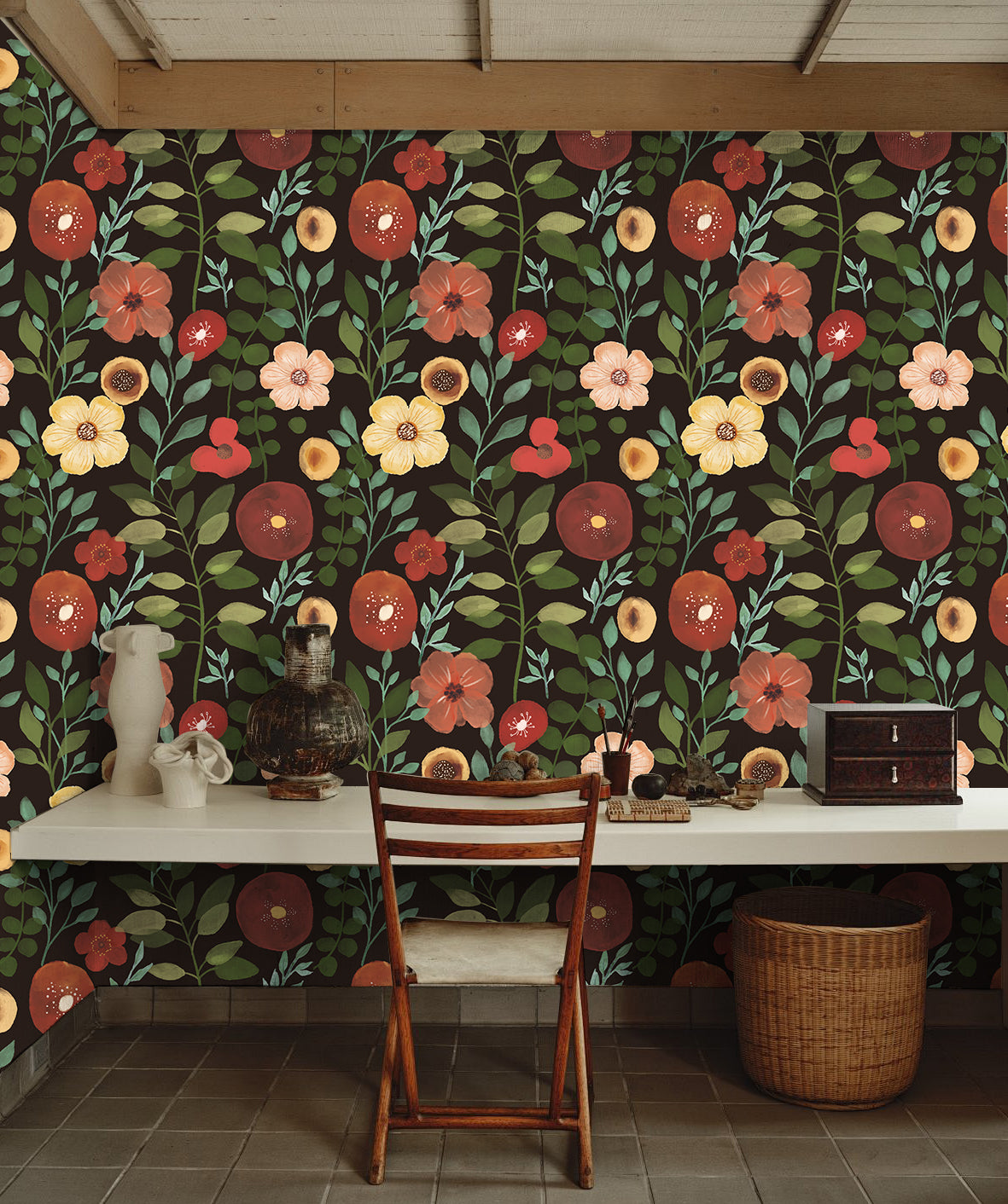 HaokHome Bold Floral Wallpaper with Black Background Vibrant Nature-Inspired Home Accent