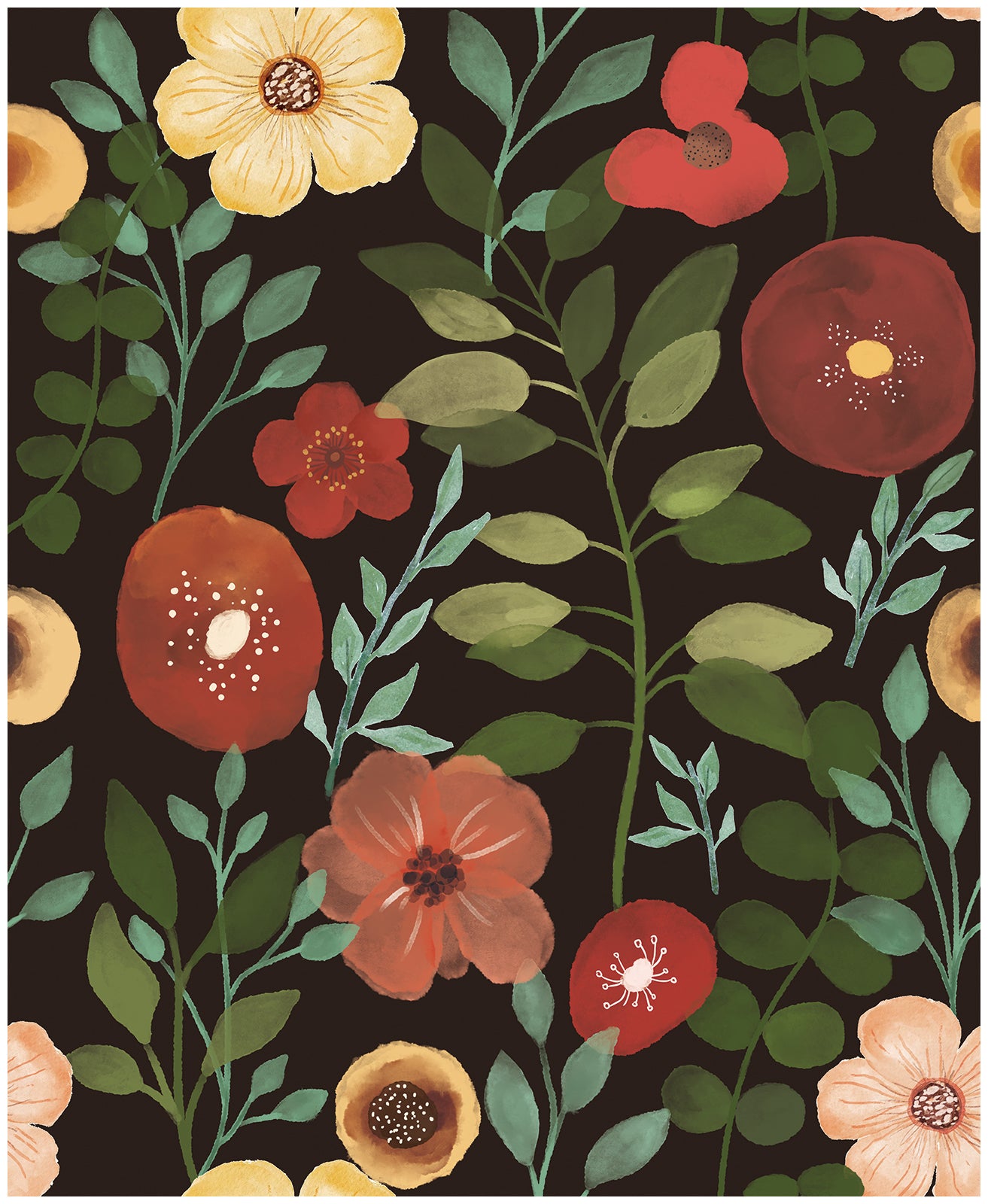 HaokHome Bold Floral Wallpaper with Black Background Vibrant Nature-Inspired Home Accent