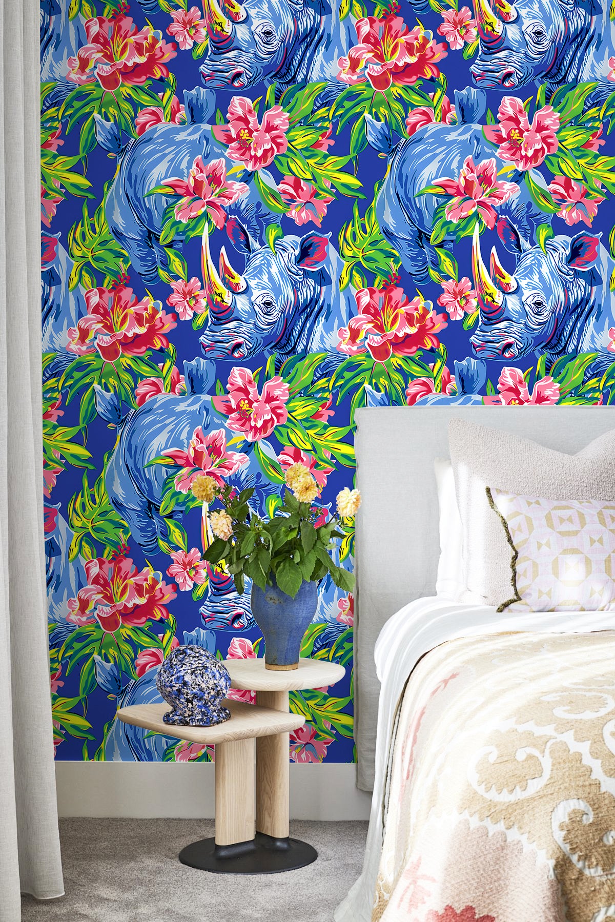 HaokHome Bold Rhino and Tropical Floral Wallpaper Vibrant Blue and Pink Design for Statement Walls