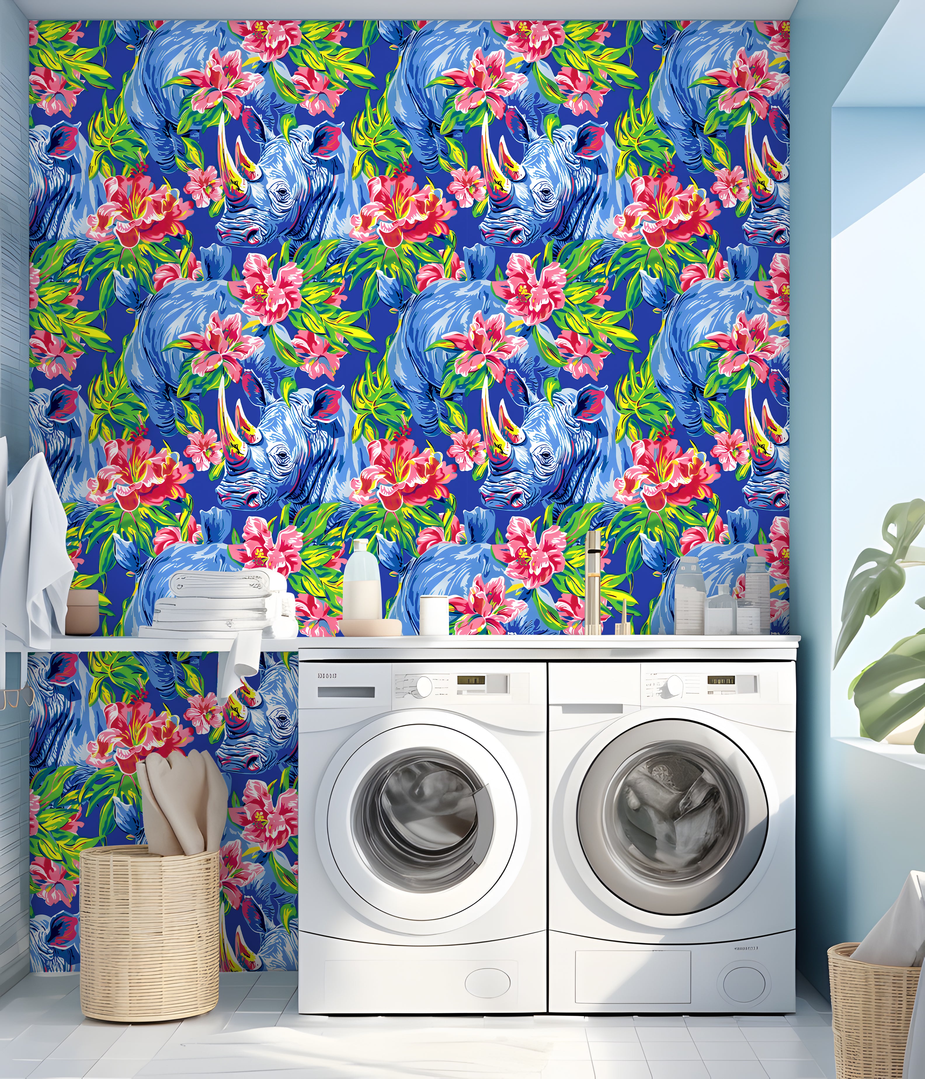HaokHome Bold Rhino and Tropical Floral Wallpaper Vibrant Blue and Pink Design for Statement Walls