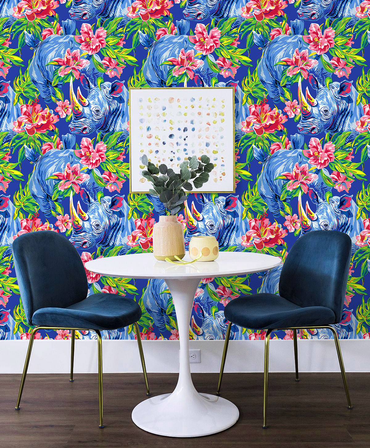 HaokHome Bold Rhino and Tropical Floral Wallpaper Vibrant Blue and Pink Design for Statement Walls