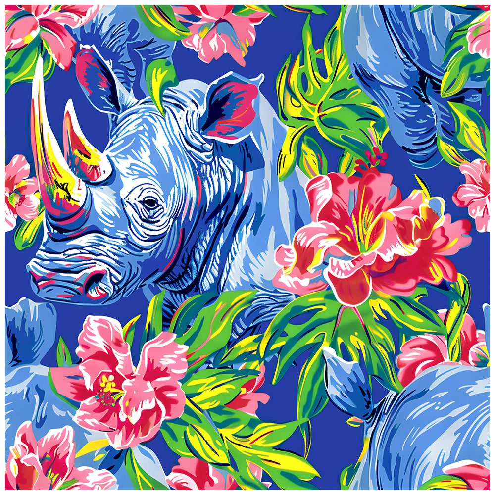 HaokHome Bold Rhino and Tropical Floral Wallpaper Vibrant Blue and Pink Design for Statement Walls