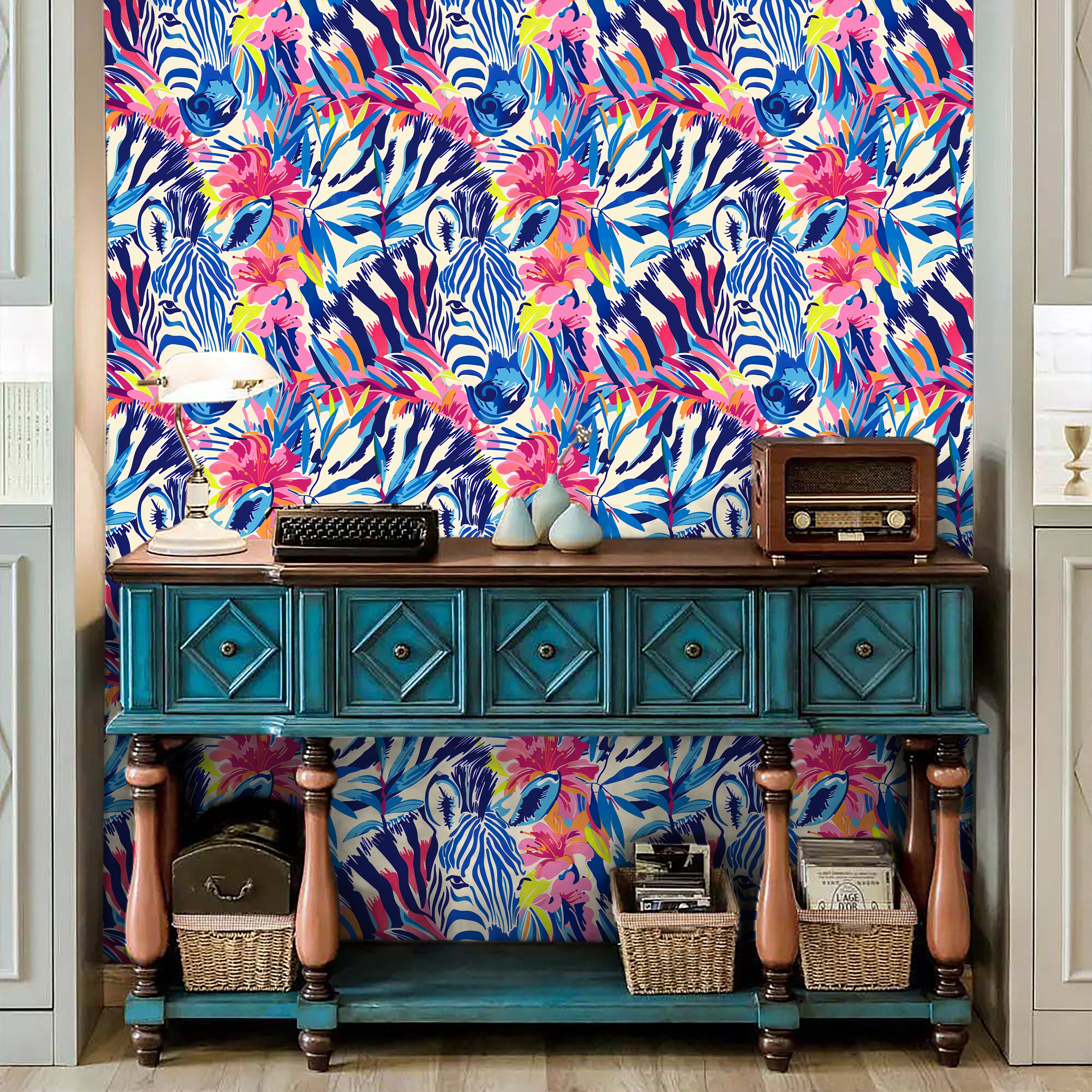 HaokHome Bold Zebra and Tropical Floral Wallpaper Vibrant Pink, Blue, and Yellow Design