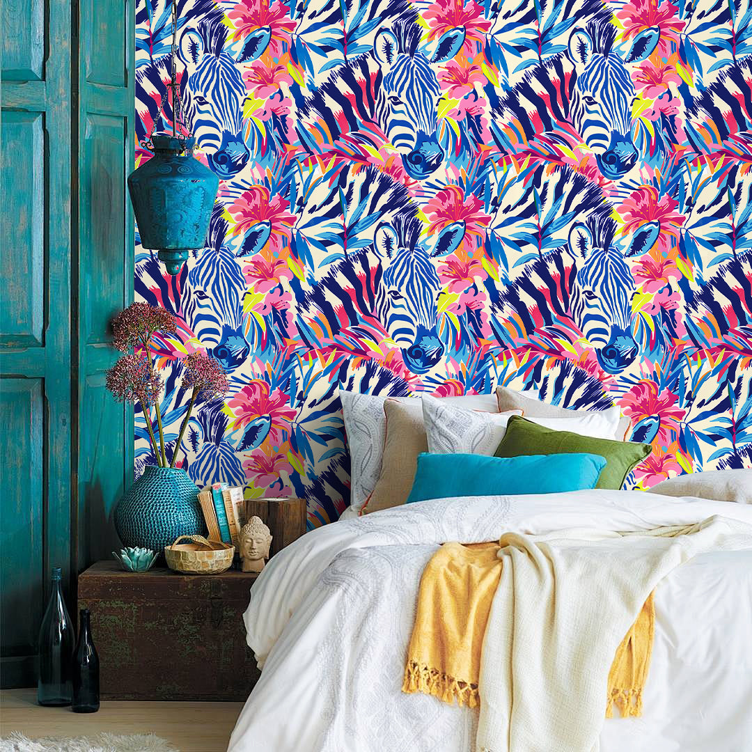 HaokHome Bold Zebra and Tropical Floral Wallpaper Vibrant Pink, Blue, and Yellow Design