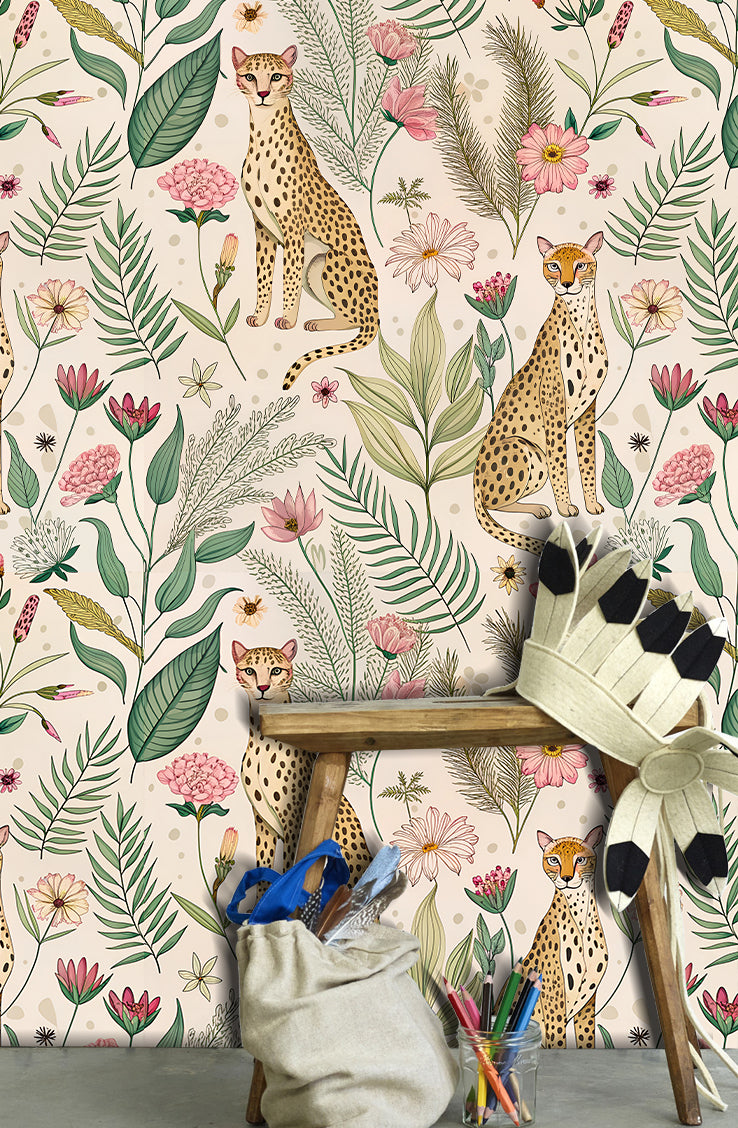 HaokHome Botanical Cheetah Wallpaper - Peel and Stick Removable Decor for Kids’ Rooms & Living Spaces