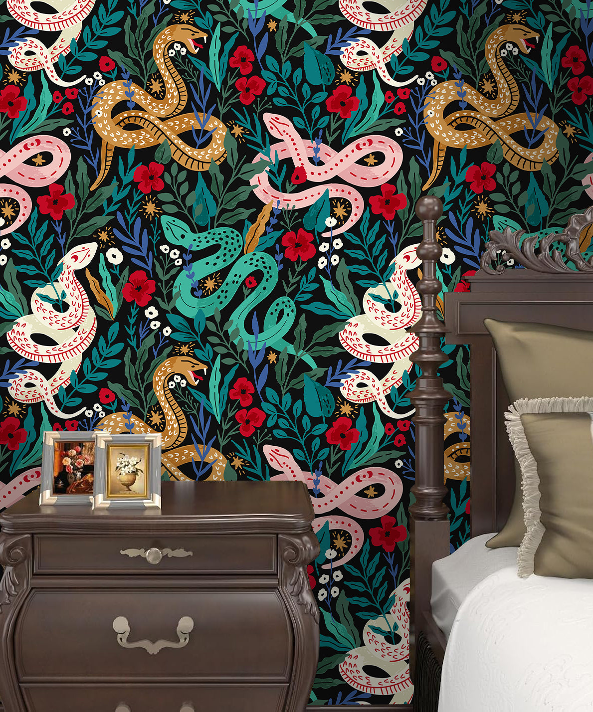 HaokHome Botanical Snake Floral Removable Wallpaper – Black, Green & Red Peel and Stick Mural for Bedroom & Living Room Walls