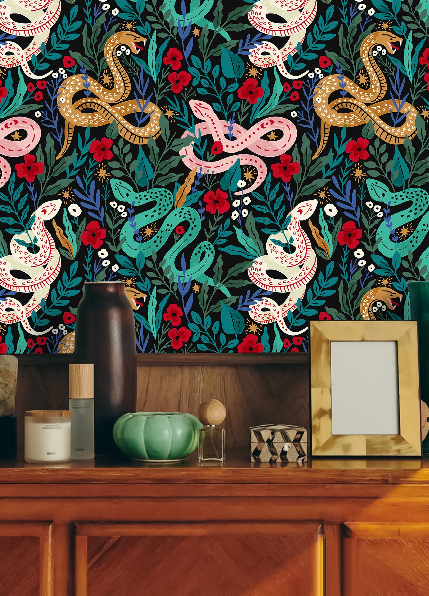 HaokHome Botanical Snake Floral Removable Wallpaper – Black, Green & Red Peel and Stick Mural for Bedroom & Living Room Walls