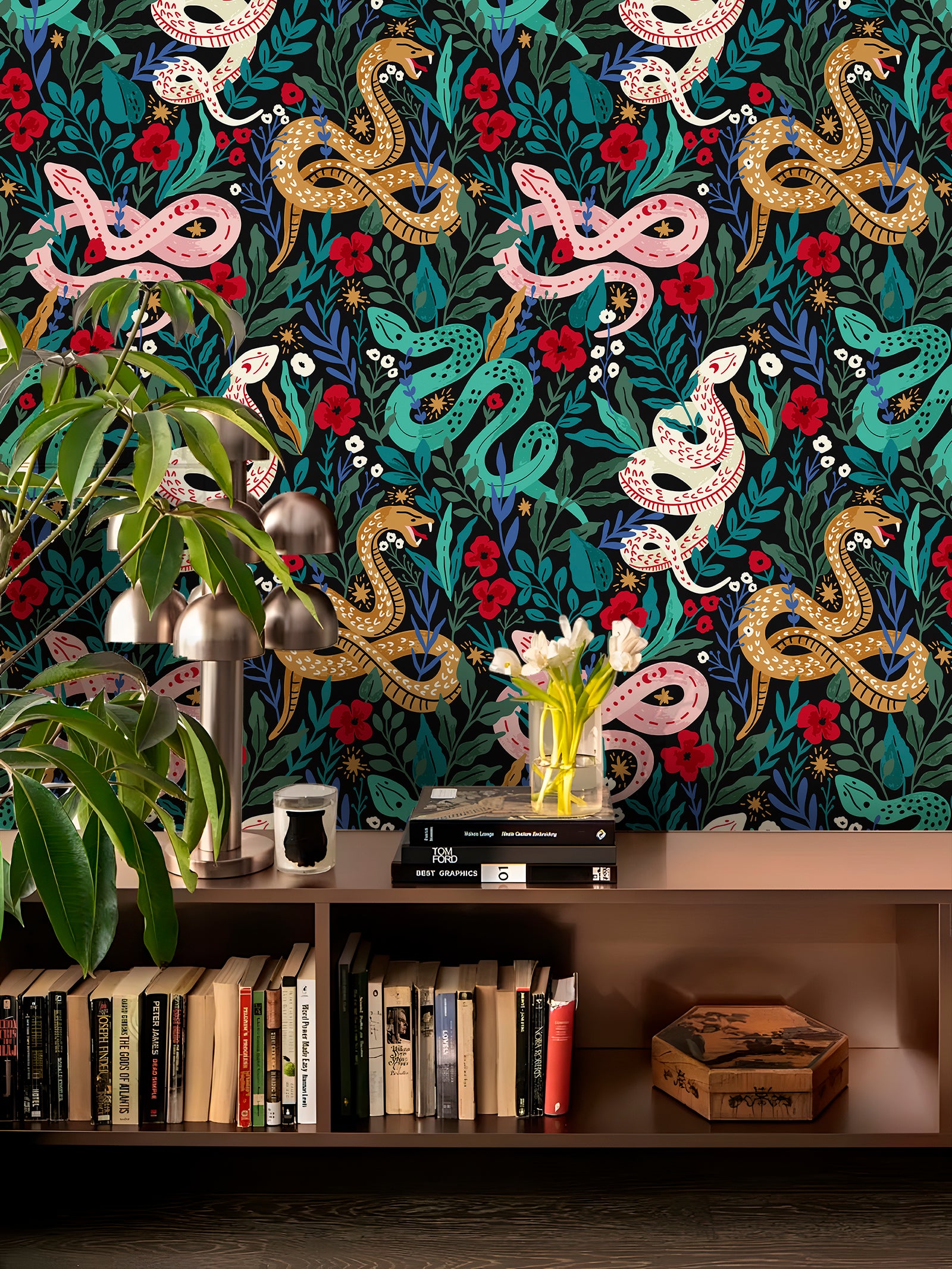 HaokHome Botanical Snake Floral Removable Wallpaper – Black, Green & Red Peel and Stick Mural for Bedroom & Living Room Walls