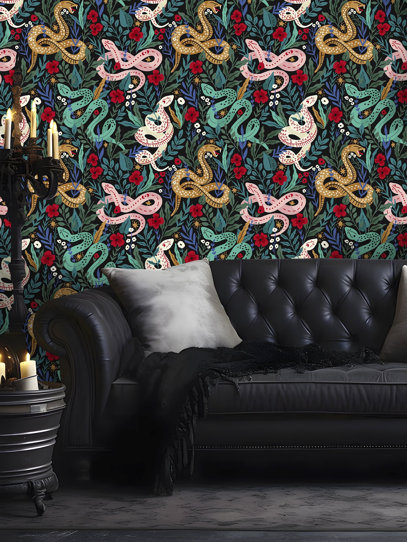 HaokHome Botanical Snake Floral Removable Wallpaper – Black, Green & Red Peel and Stick Mural for Bedroom & Living Room Walls