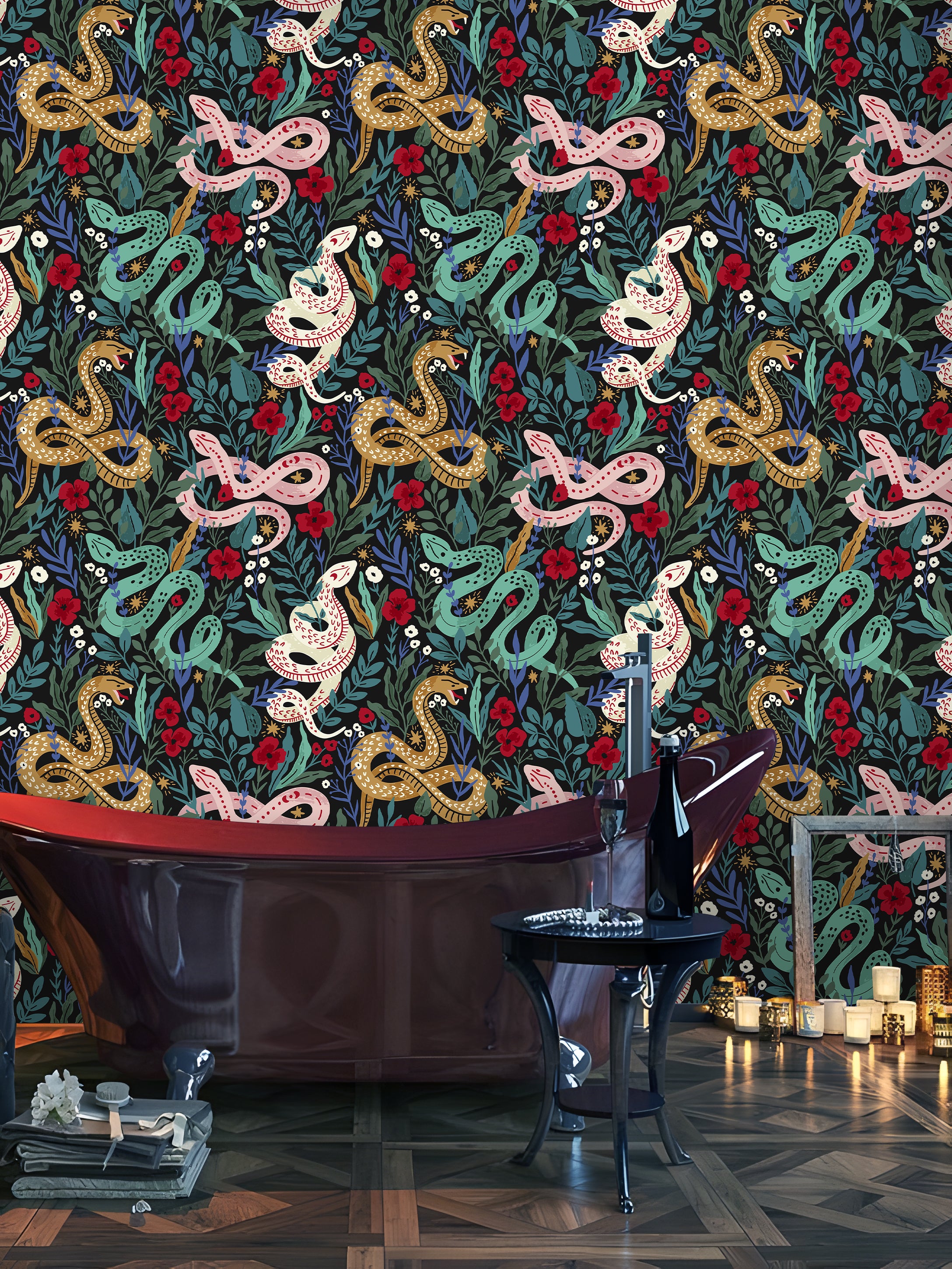 HaokHome Botanical Snake Floral Removable Wallpaper – Black, Green & Red Peel and Stick Mural for Bedroom & Living Room Walls