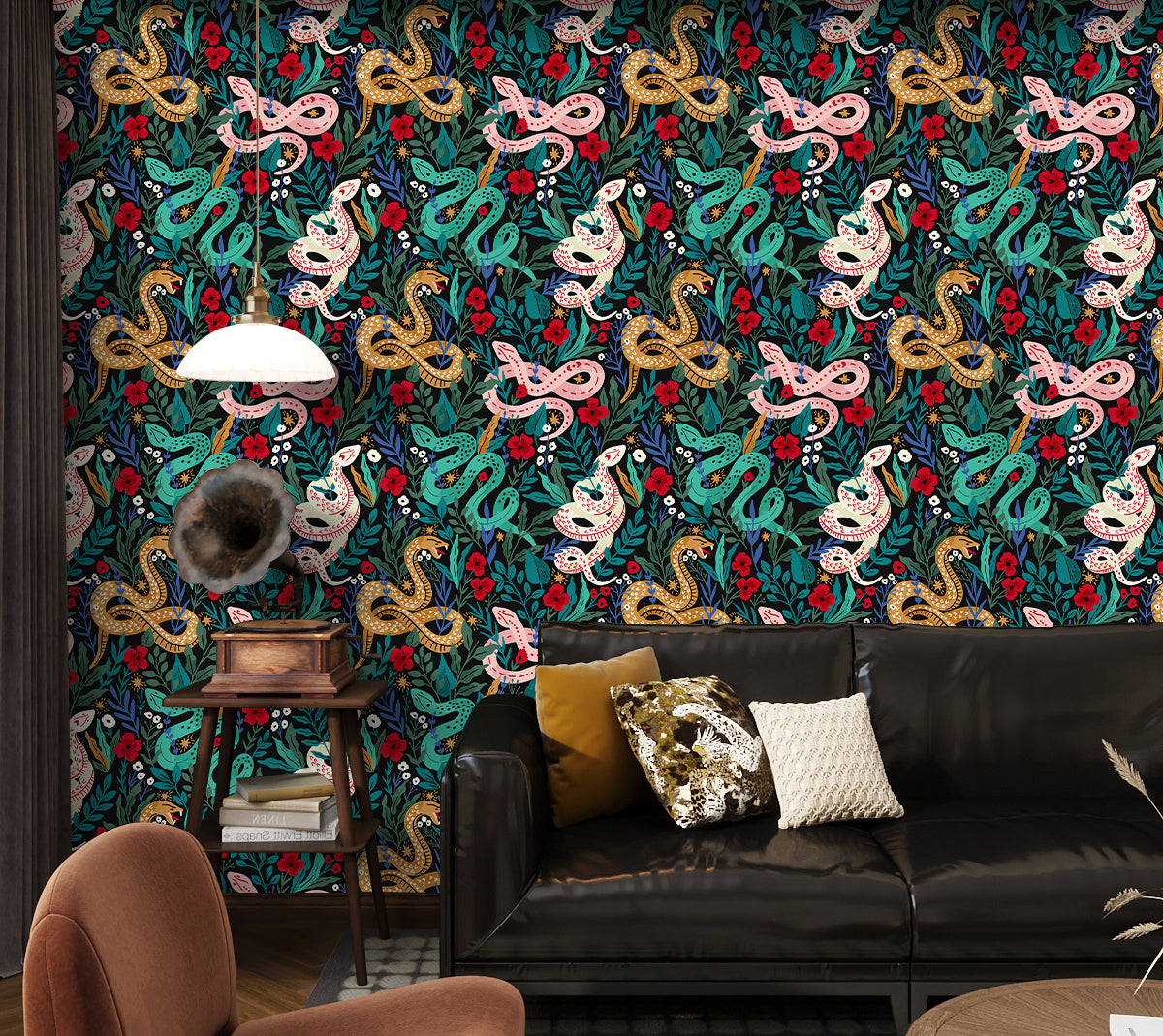 HaokHome Botanical Snake Floral Removable Wallpaper – Black, Green & Red Peel and Stick Mural for Bedroom & Living Room Walls