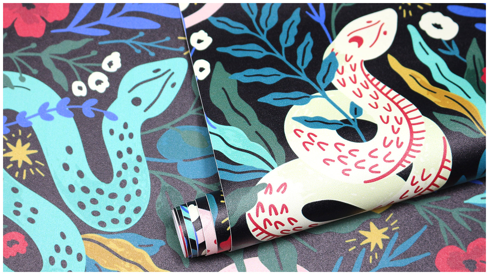 HaokHome Botanical Snake Floral Removable Wallpaper – Black, Green & Red Peel and Stick Mural for Bedroom & Living Room Walls