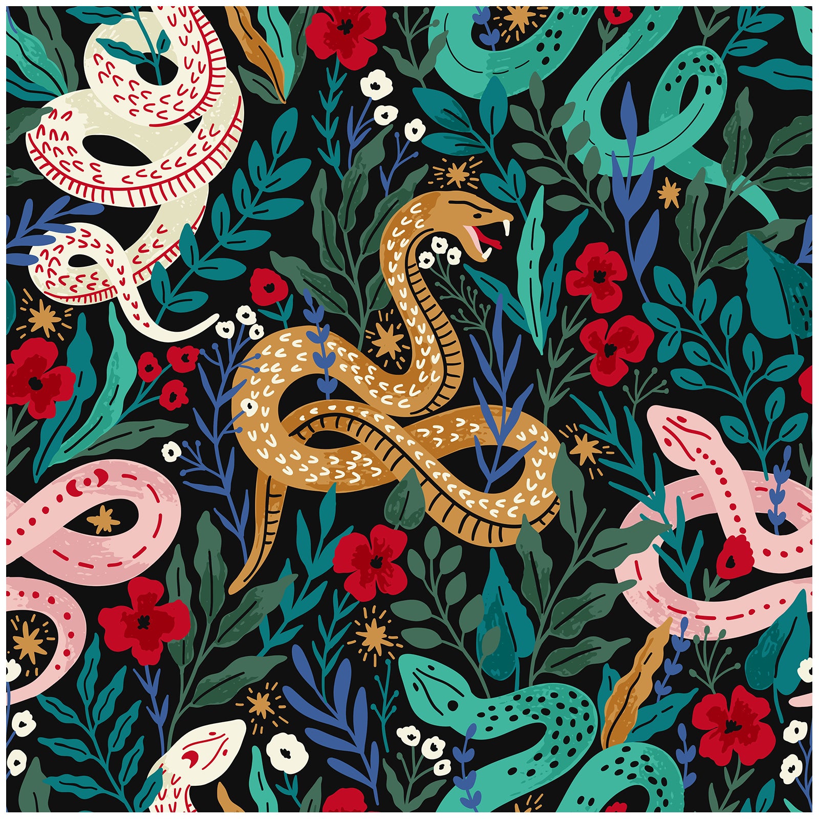 HaokHome Botanical Snake Floral Removable Wallpaper – Black, Green & Red Peel and Stick Mural for Bedroom & Living Room Walls